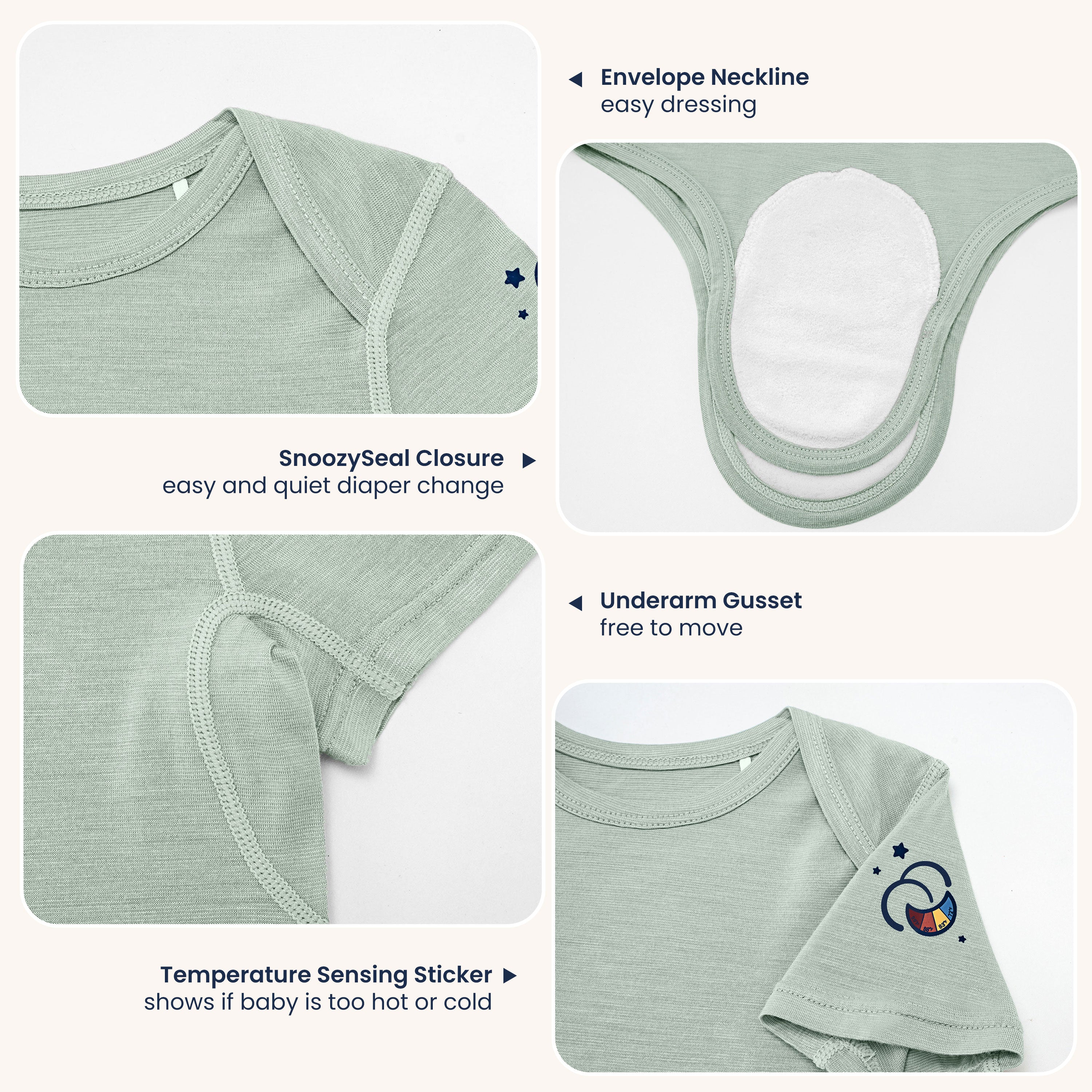 ClimaCuddle™ Baby Bodysuit Short Sleeve - Merino Wool & Rayon Bamboo - Pea Green-9