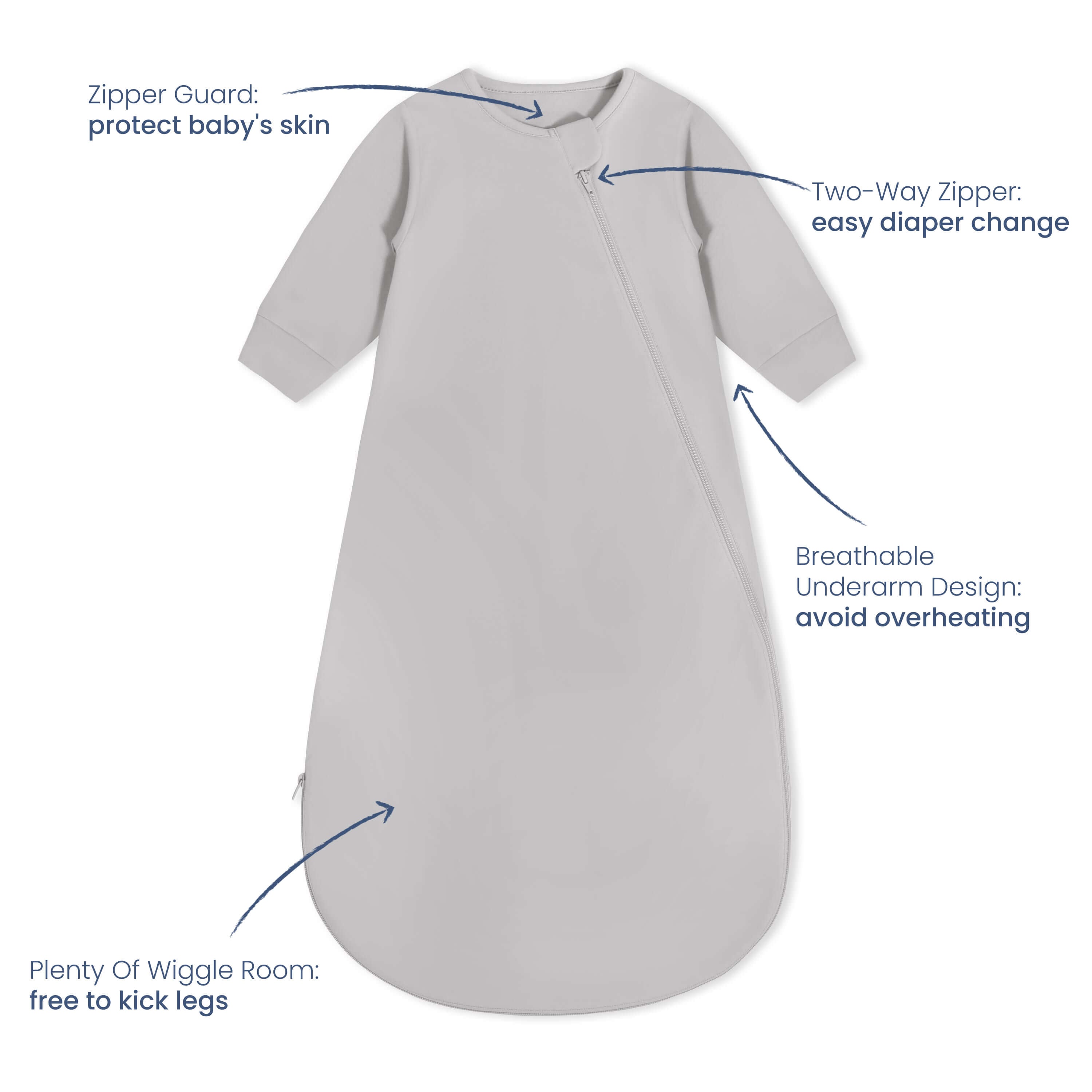 Organic Cotton Long Sleeve Sleeping Bag 0.5 TOG - Stone Gray