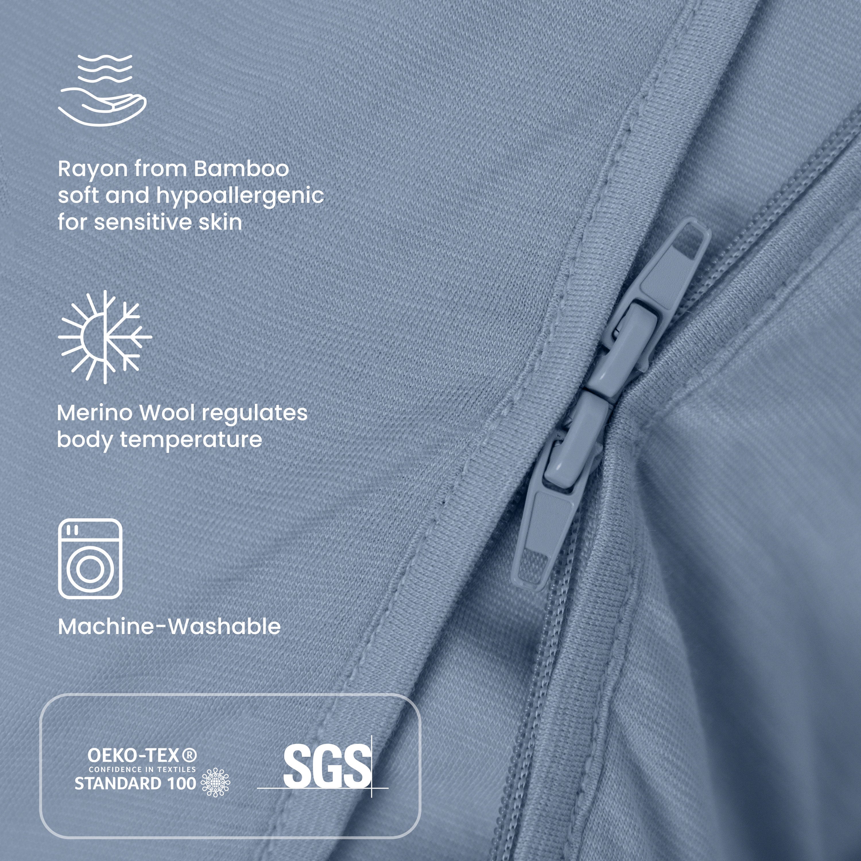 All Season Long Sleeve Sleep Sack 1.0 TOG - Organic Cotton & Camel Wool+ClimaCuddle™ Zipped Baby Romper Blue