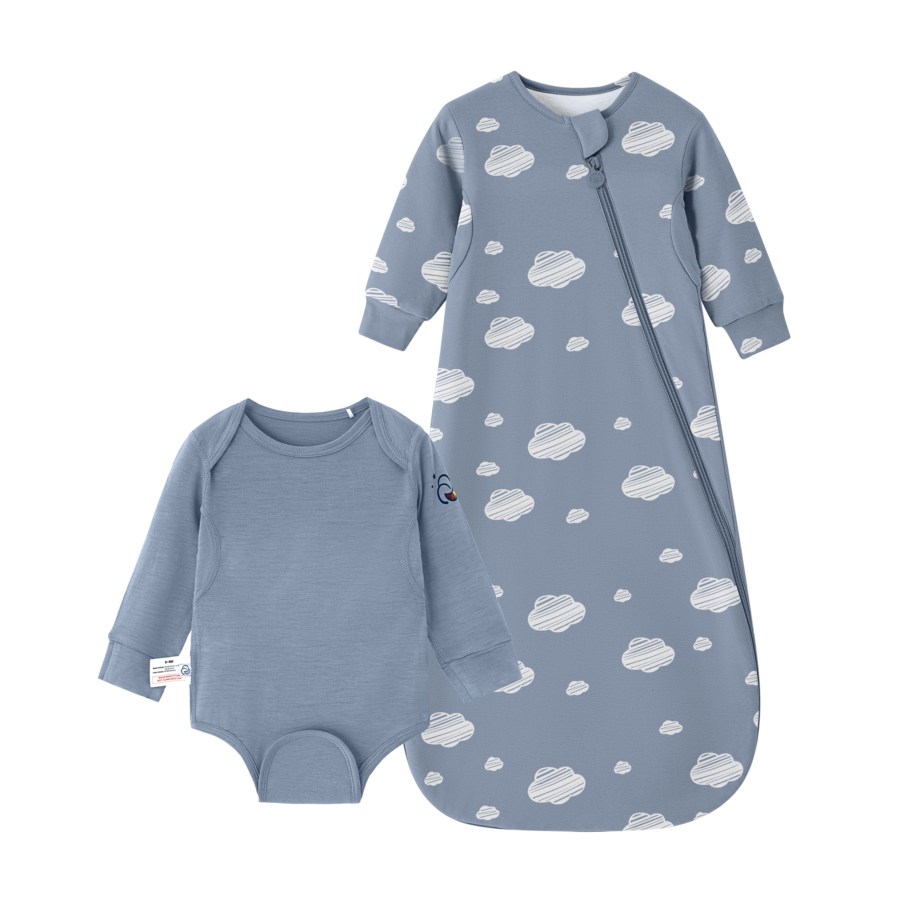 Long Sleeve Sleep Sack 1.0 TOG Organic Cotton & Camel Wool +Baby Bodysuit Long Sleeve - Merino Wool & Rayon Bamboo Set - Blue Sky