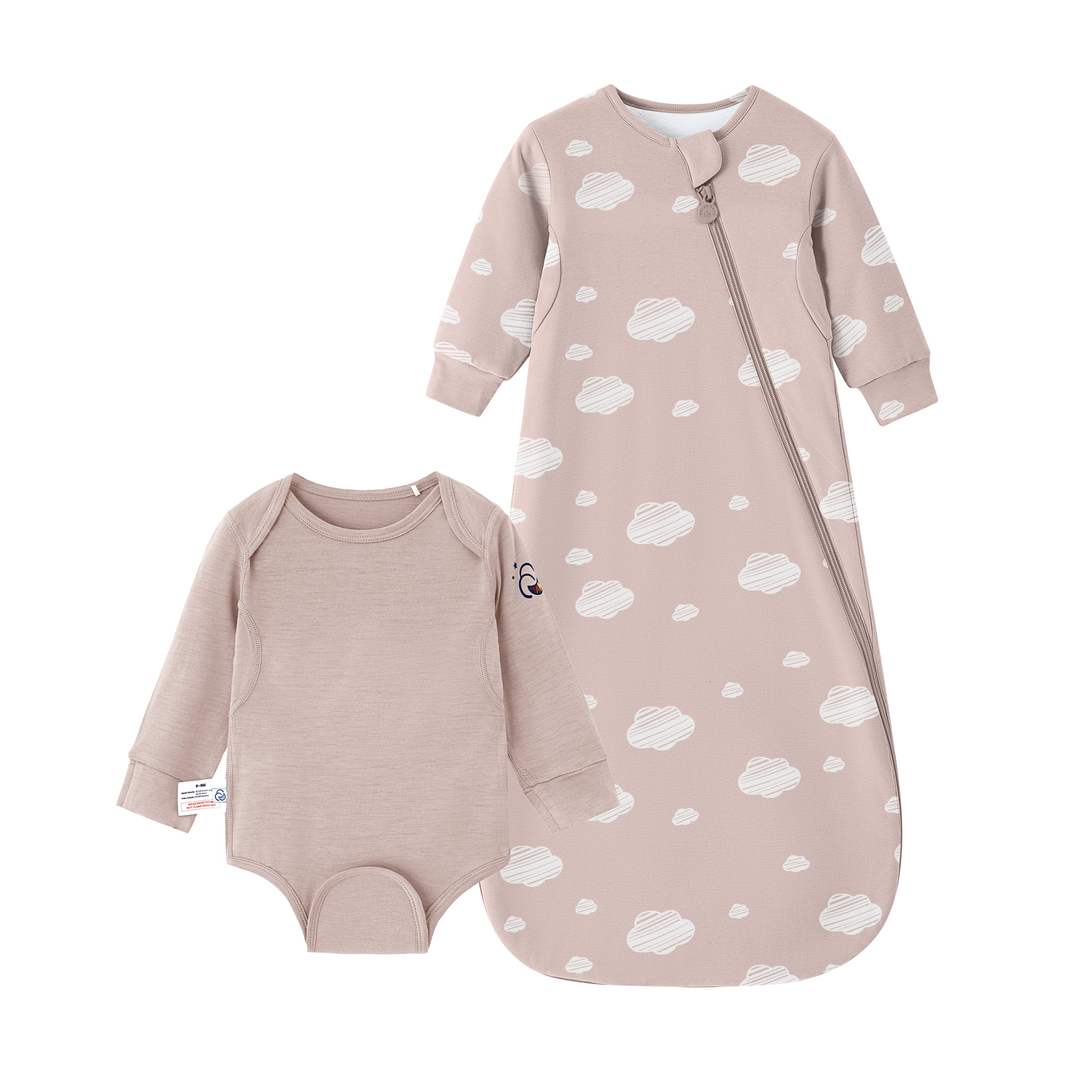 Long Sleeve Sleep Sack 1.0 TOG Organic Cotton & Camel Wool +Baby Bodysuit Long Sleeve - Merino Wool & Rayon Bamboo Set - Pink Sky