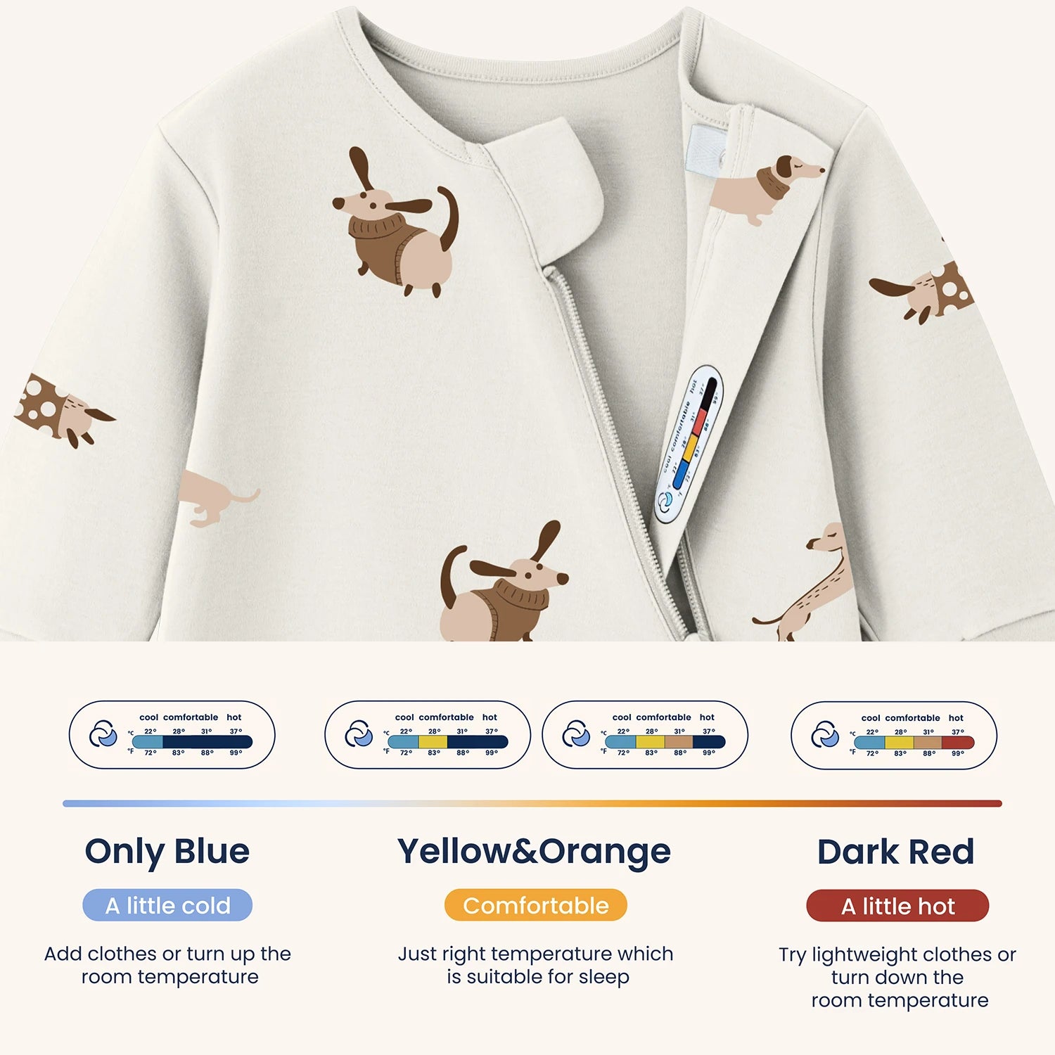Organic Long Sleeve Sleep Sack 0.5 TOG -Sunny Pup Temperature sticker
