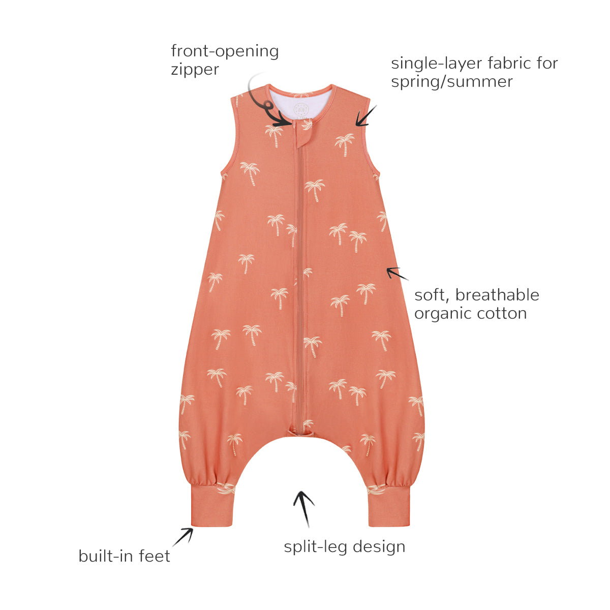 Sleeveless Baby Sleep Sack With Feet - Coconut Palm Design Detail
