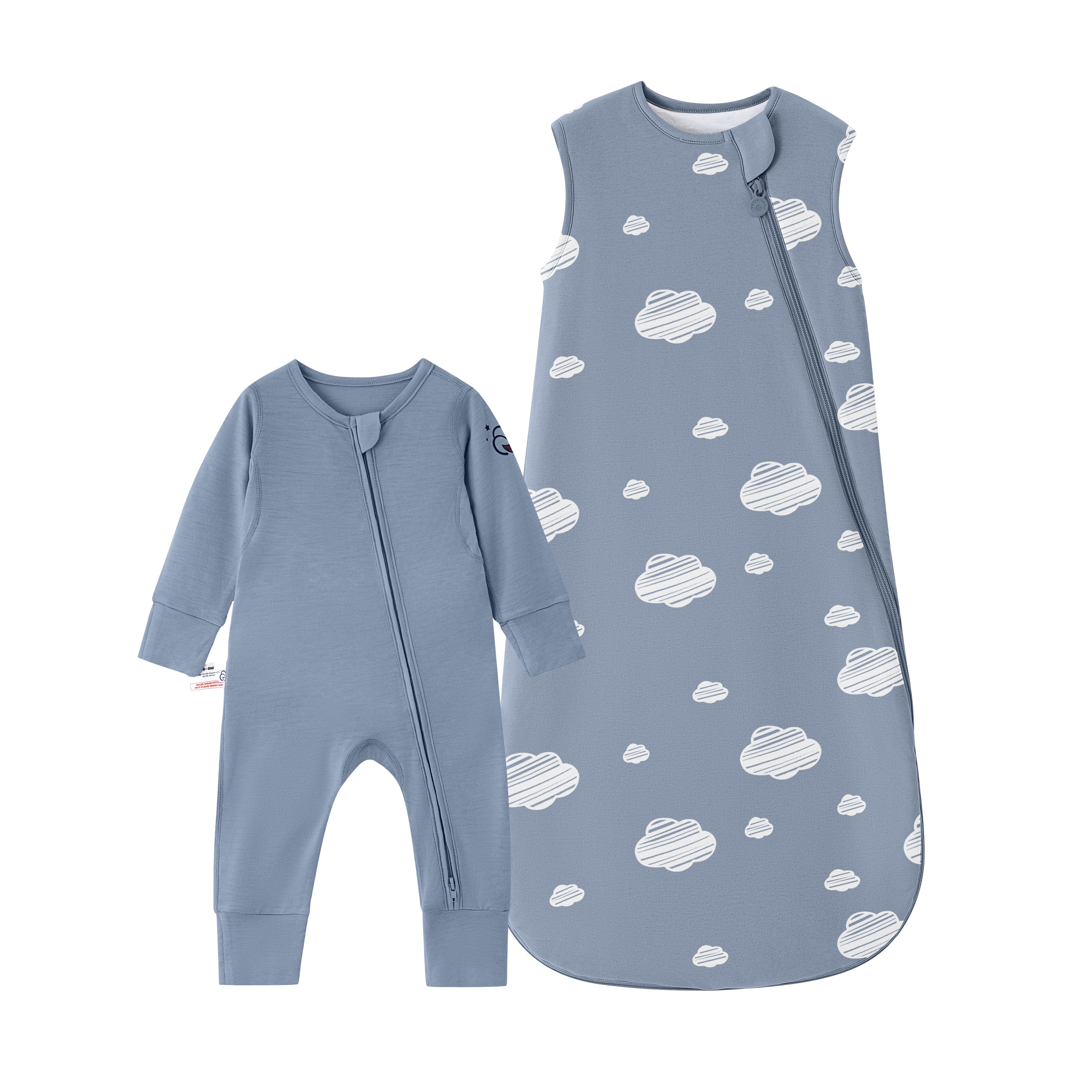 Sleeveless Sleep Sack 1.0 TOG - Organic Cotton & Camel Wool-Blue Sky + Baby Romper - Merino Wool & Rayon Bamboo - Blue Bundle