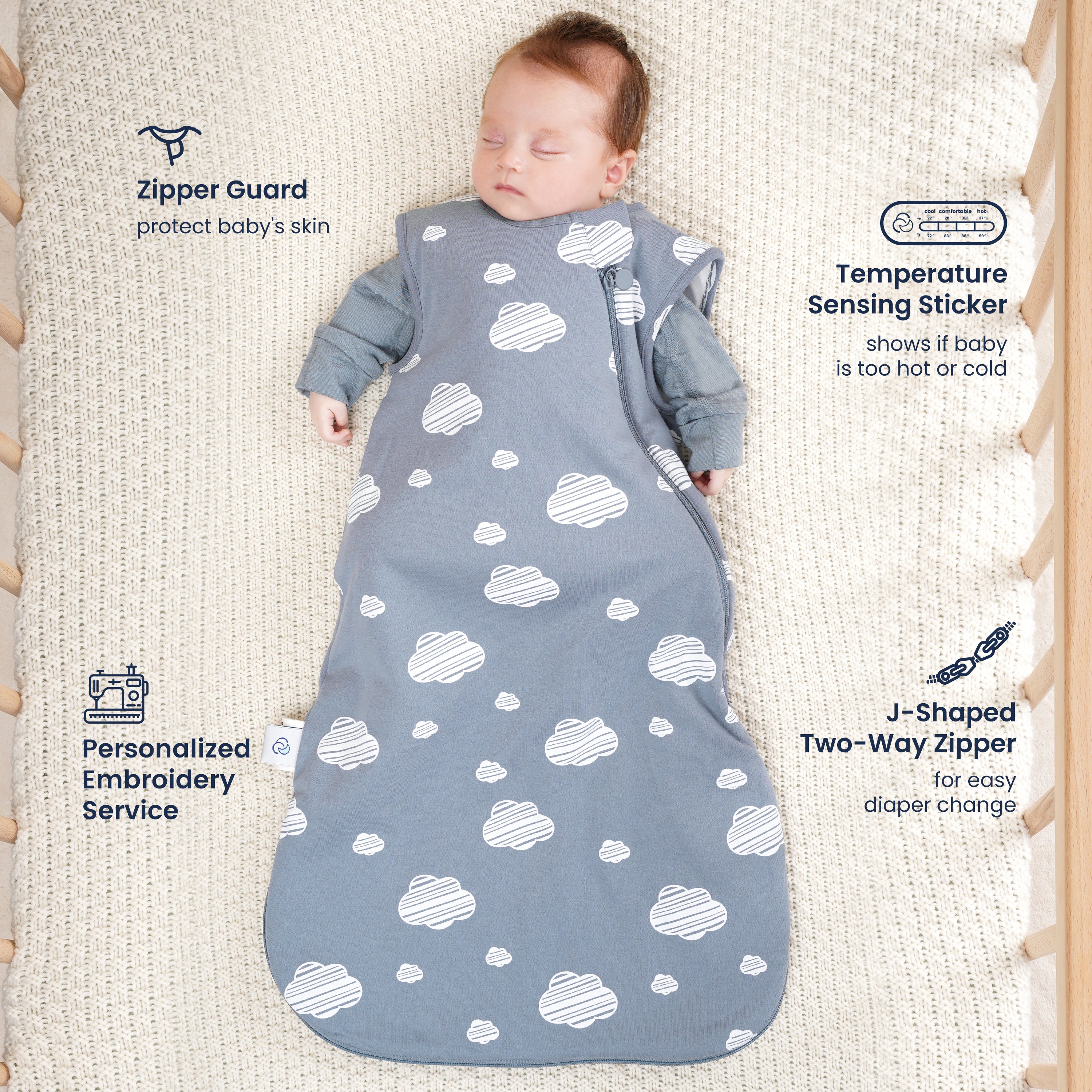 Sleeveless Sleep Sack 1.0 TOG - Organic Cotton & Camel Wool-Blue Sky + Baby Romper - Merino Wool & Rayon Bamboo - Blue Bundle