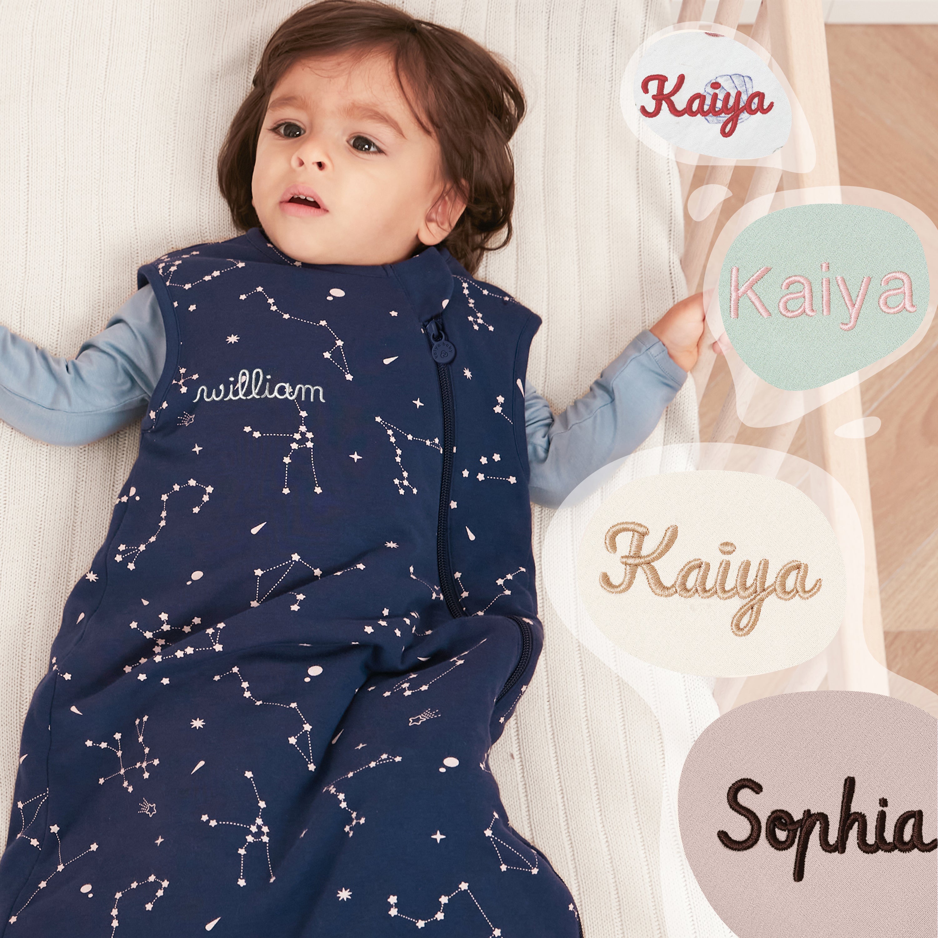 Sleeveless Sleep Sack 1.0 TOG - Organic Cotton & Camel Wool - Constellation+Baby Romper - Merino Wool & Rayon Bamboo - Misty Blue Set