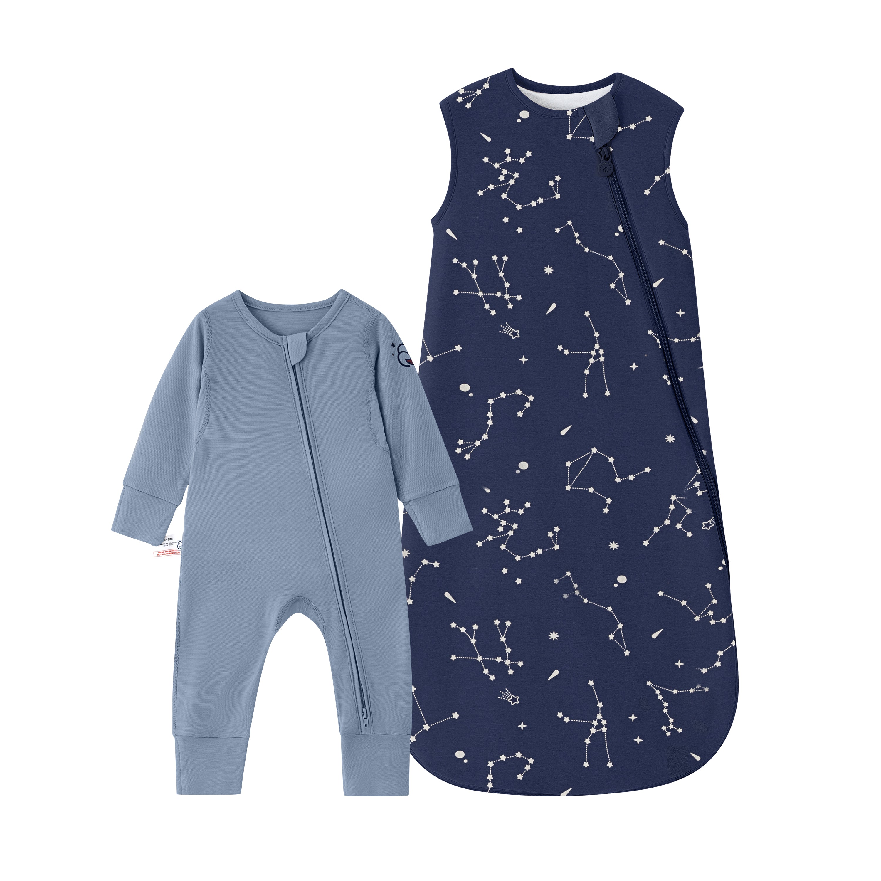Sleeveless Sleep Sack 1.0 TOG - Organic Cotton & Camel Wool - Constellation+Baby Romper - Merino Wool & Rayon Bamboo - Misty Blue Set