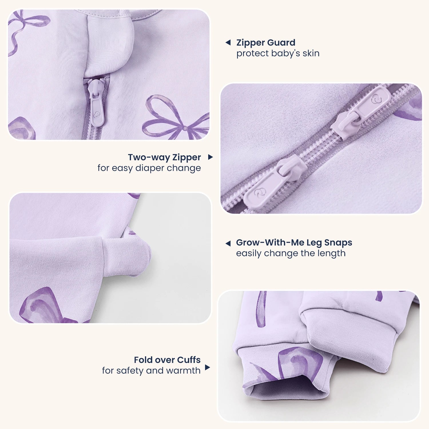 Sleeveless Sleep Sack Walker 0.5 TOG - Organic Cotton - Lavender Bow design-2