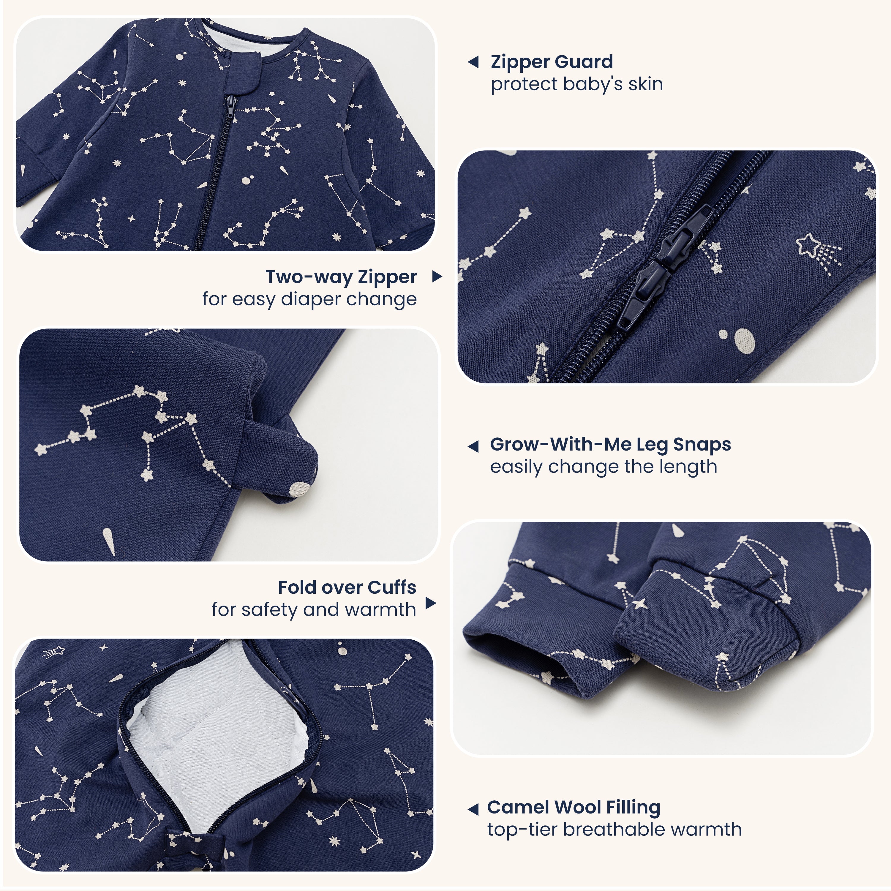 Warm Long Sleeve Sleep Sack Walker 2.5 TOG - Organic Cotton & Camel Wool - Constellation-3