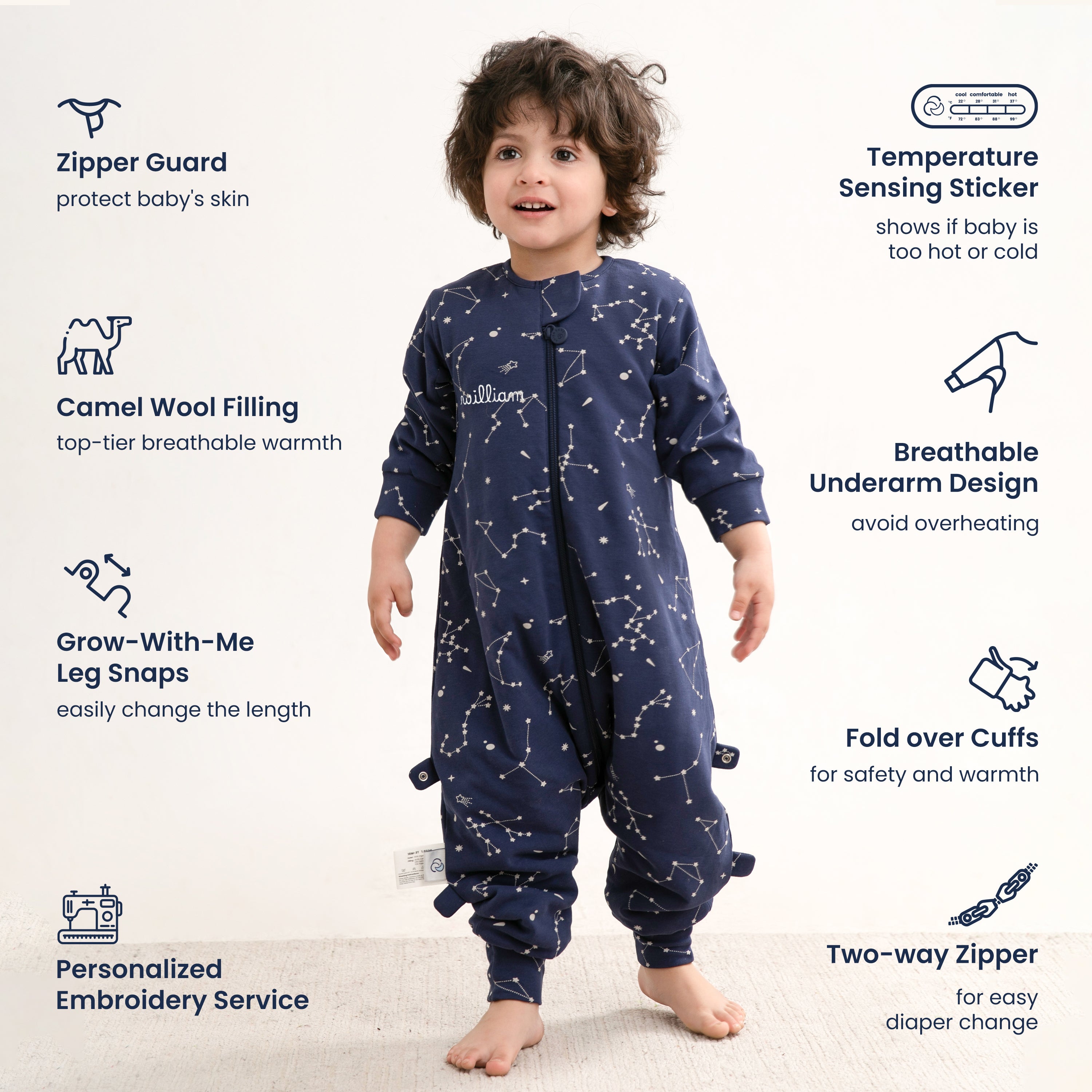 Warm Long Sleeve Sleep Sack Walker 2.5 TOG - Organic Cotton & Camel Wool - Constellation-9