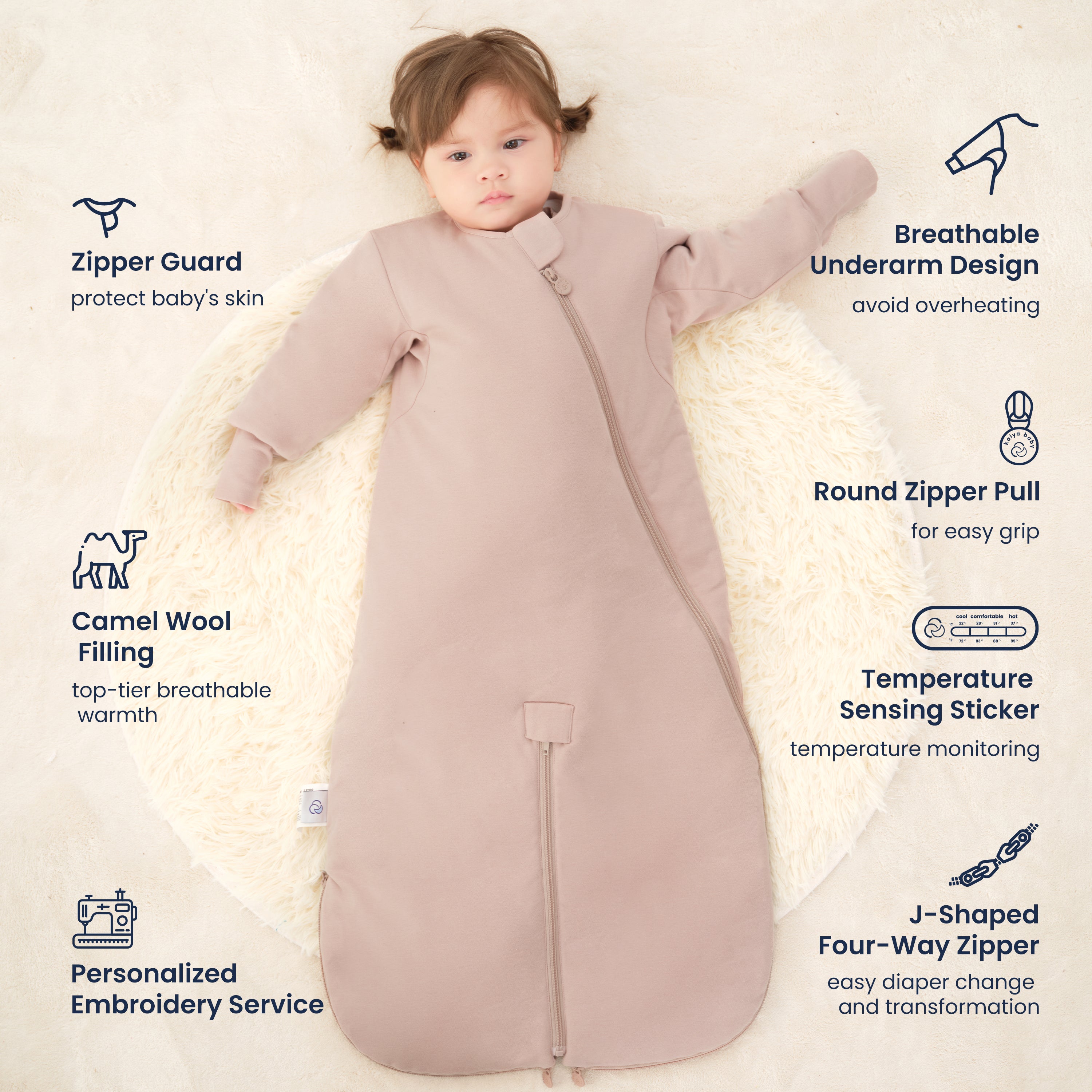Warm Sleep Suit Sack 3-in-1 2.5 TOG - Organic Cotton & Camel Wool - Dusty Pink