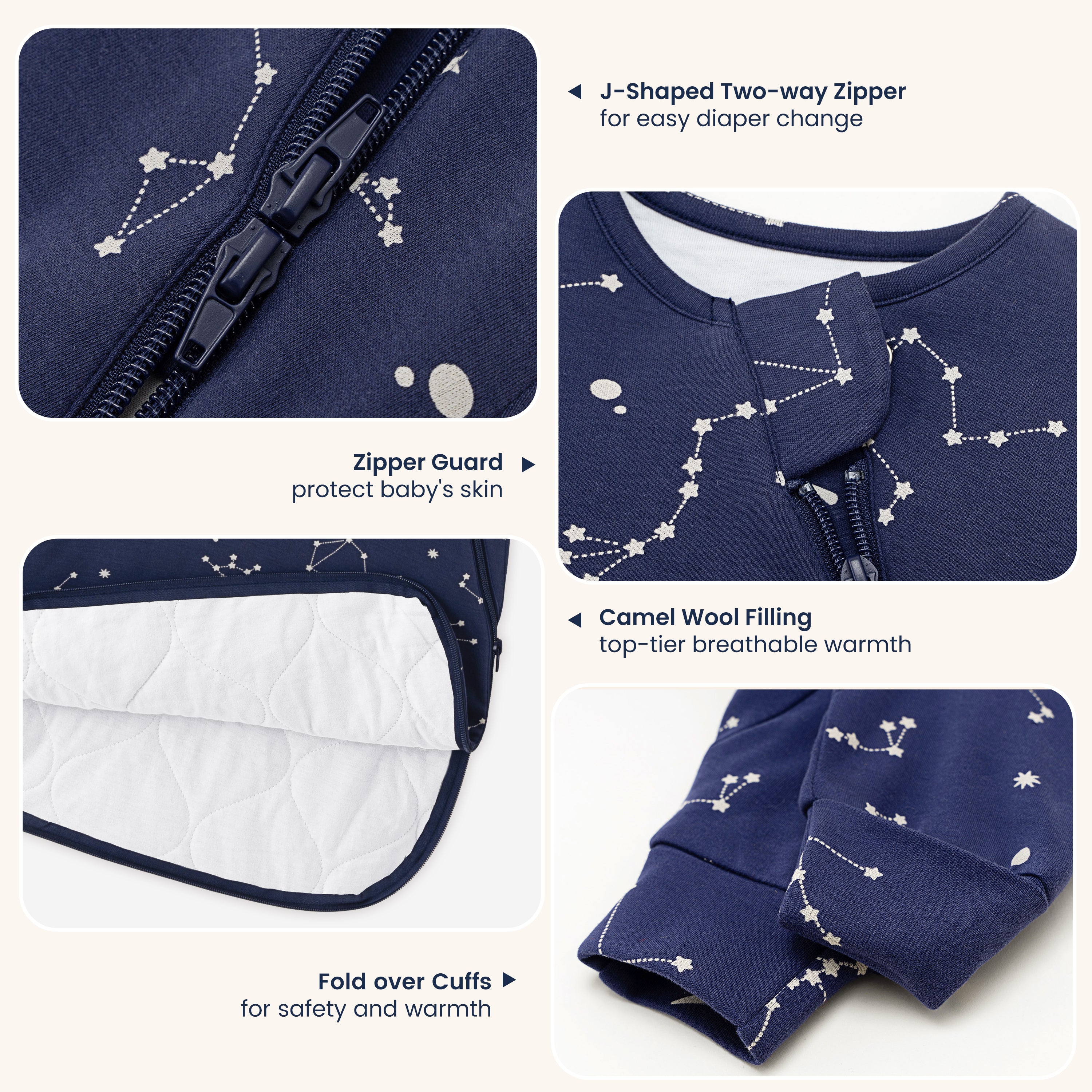 Winter Long Sleeve Sleep Sack 3.5 TOG - Organic Cotton & Camel Wool - Constellation-4