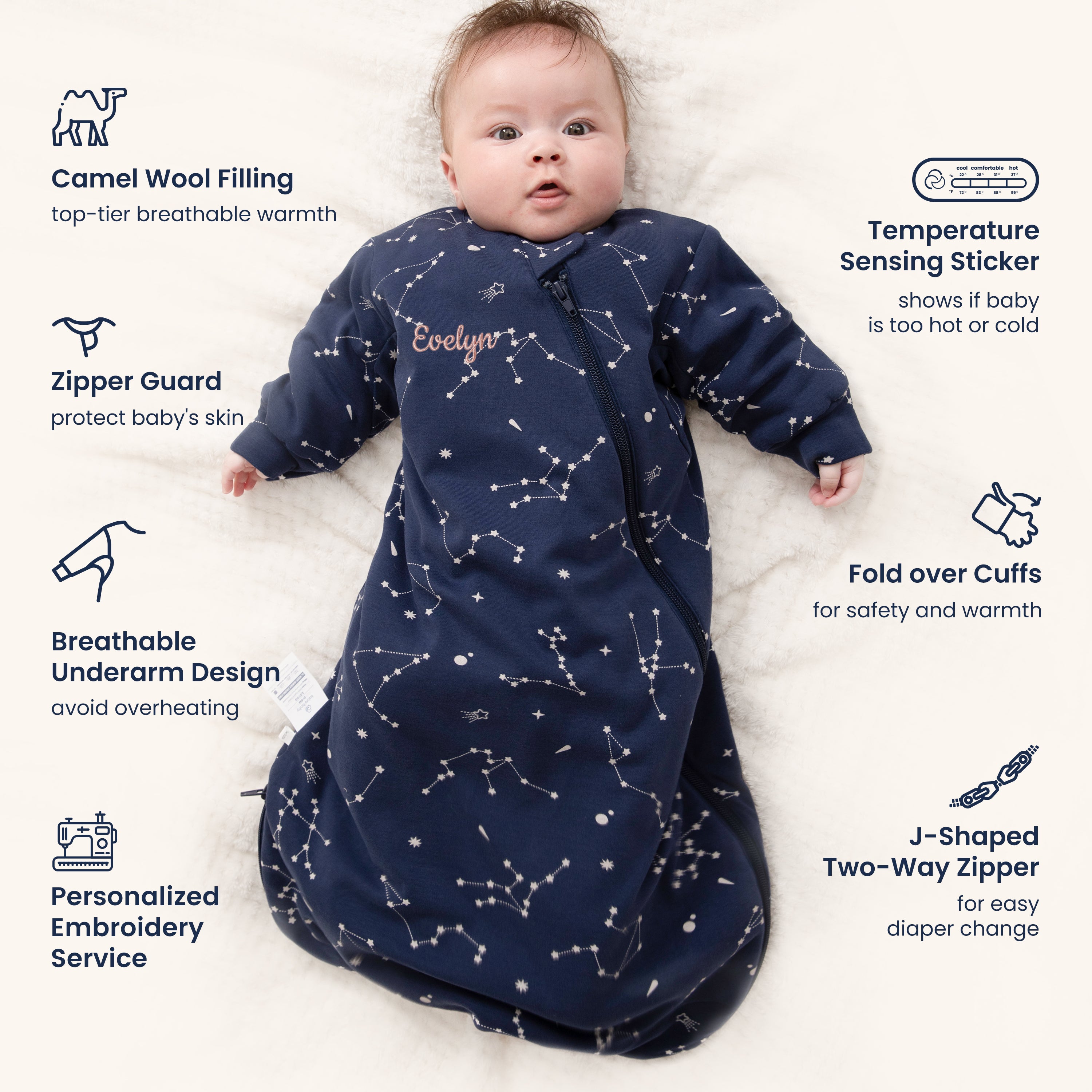 Winter Long Sleeve Sleep Sack 3.5 TOG - Organic Cotton & Camel Wool - Constellation-9