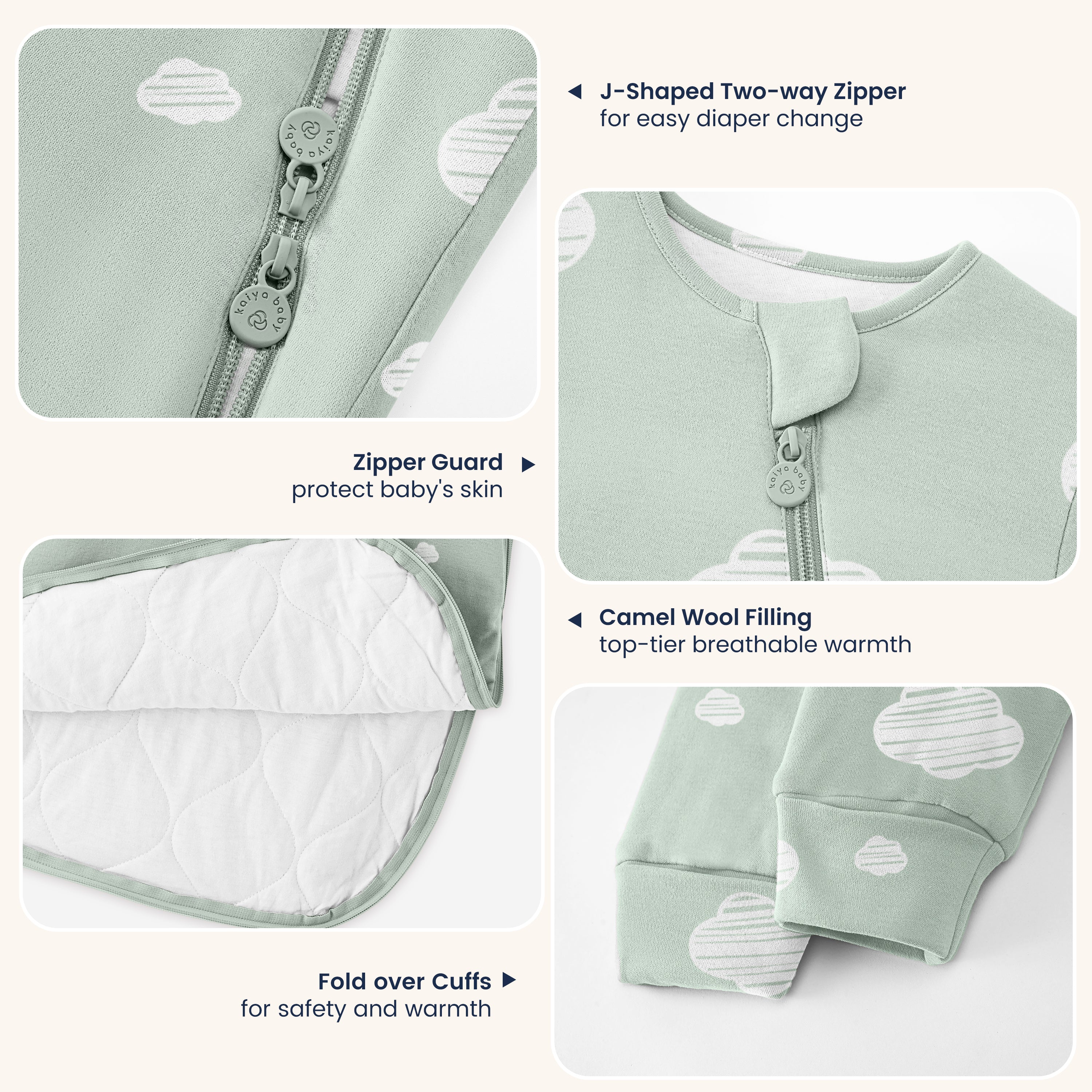 Winter Long Sleeve Sleep Sack 3.5 TOG - Organic Cotton & Camel Wool - Green Sky