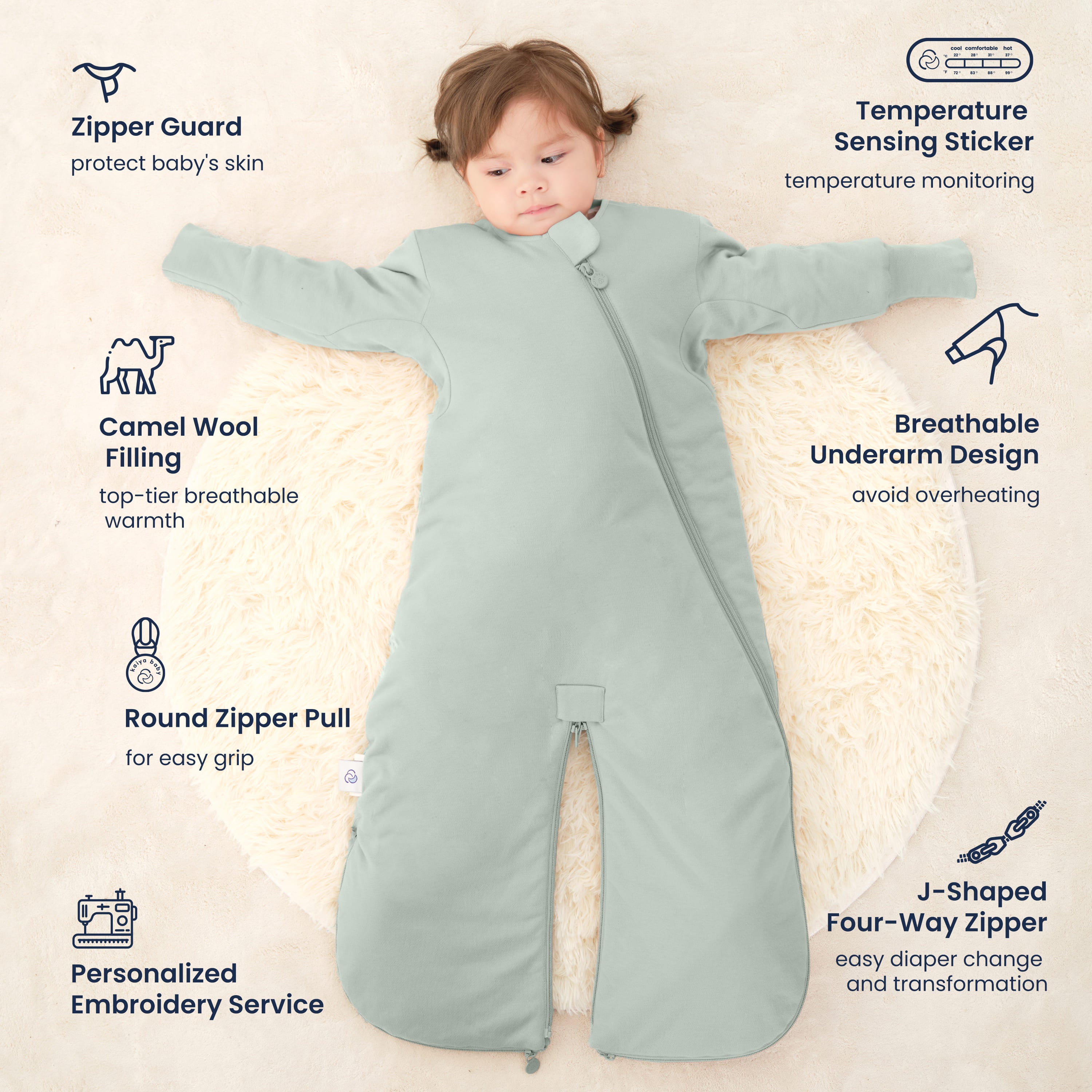 Sleep Suit Sack 3-in-1 2.5 TOG - Organic Cotton & Camel Wool - Pea Green Feature