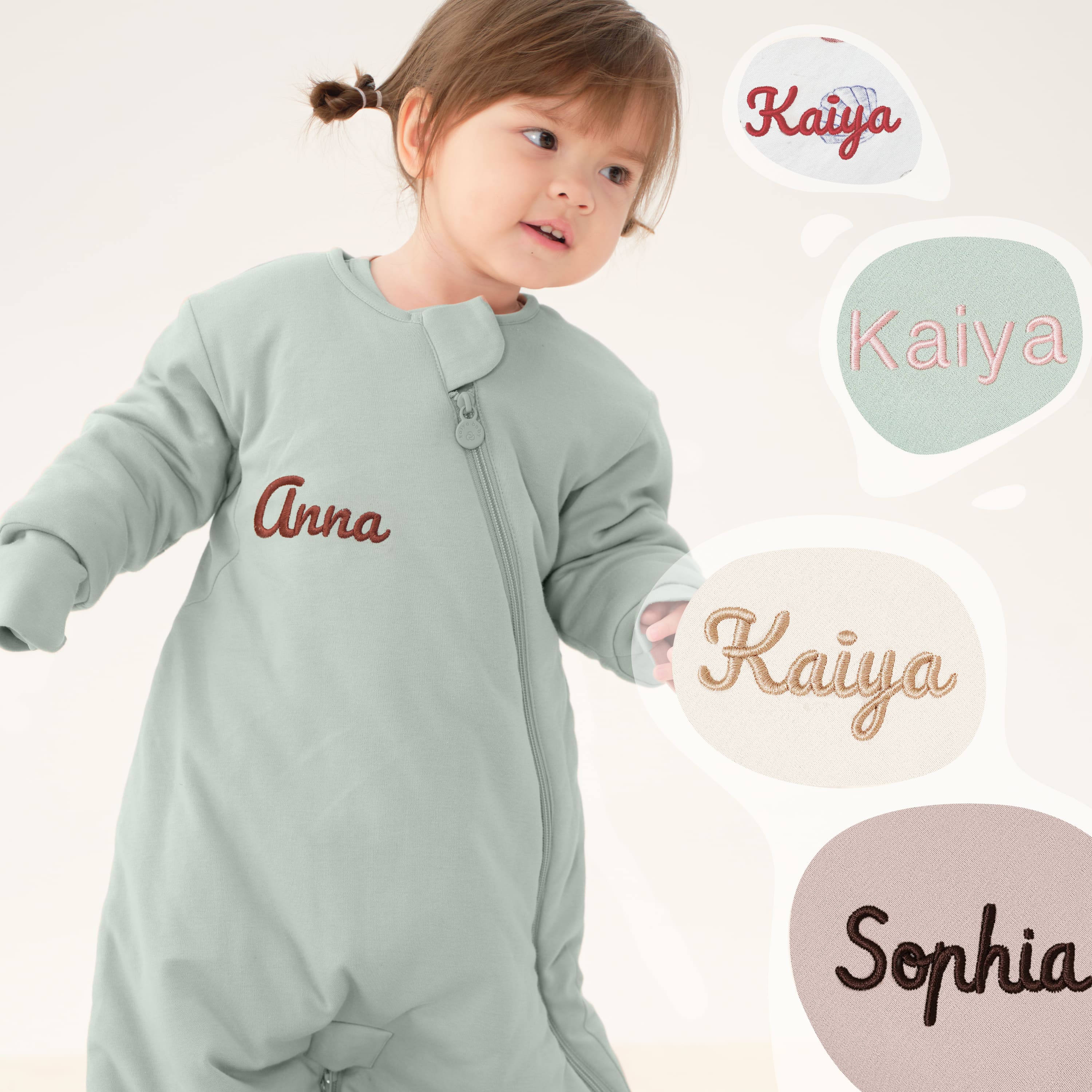 Sleep Suit Sack 3-in-1 2.5 TOG - Organic Cotton & Camel Wool - Pea Green Embroidery