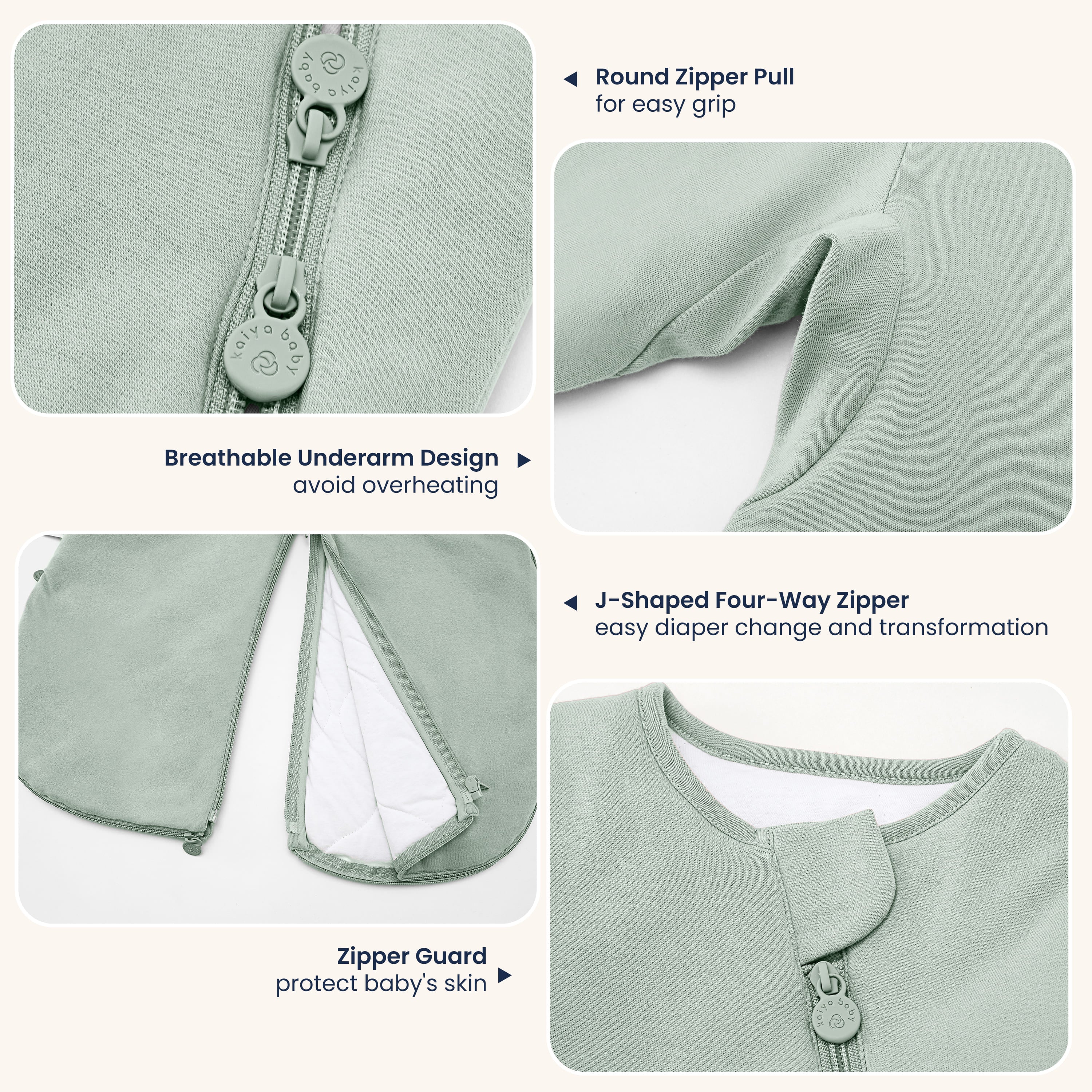 Sleep Suit Sack 3-in-1 2.5 TOG - Organic Cotton & Camel Wool - Pea Green Deail