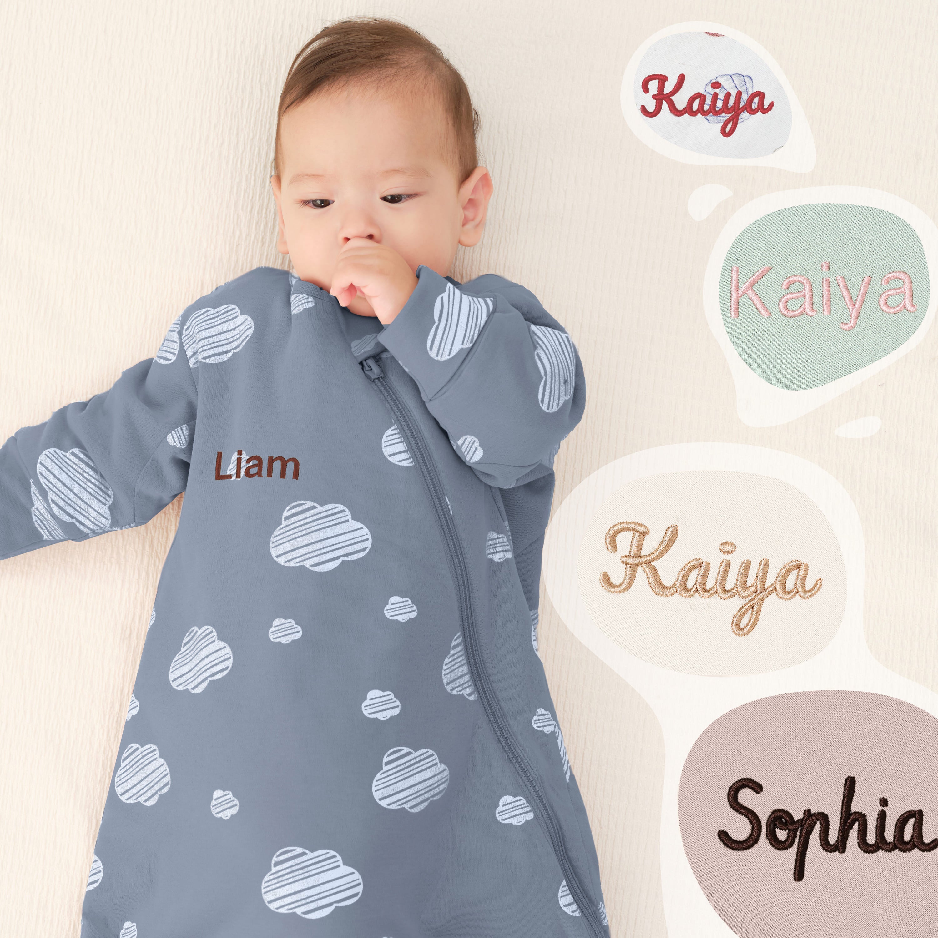 All Season Long Sleeve Sleep Sack 1.0 TOG - Organic Cotton & Camel Wool - Blue Sky - embroidery