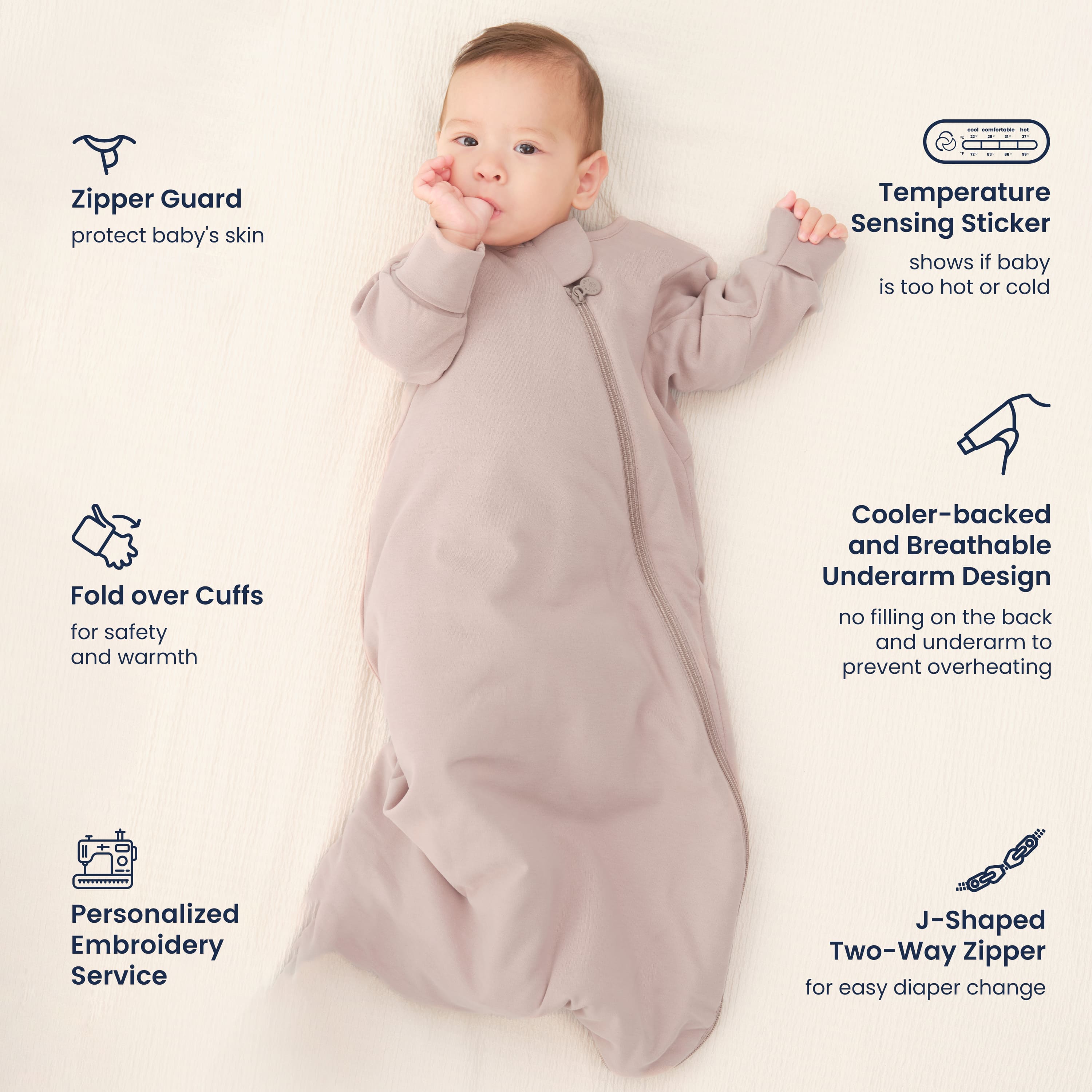 All Season Long Sleeve Sleep Sack 1.0 TOG - Organic Cotton & Camel Wool - Dusty Pink