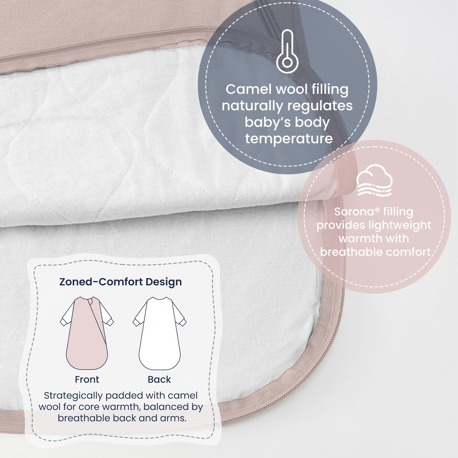 All Season Long Sleeve Sleep Sack 1.0 TOG - Organic Cotton & Camel Wool - Dusty Pink
