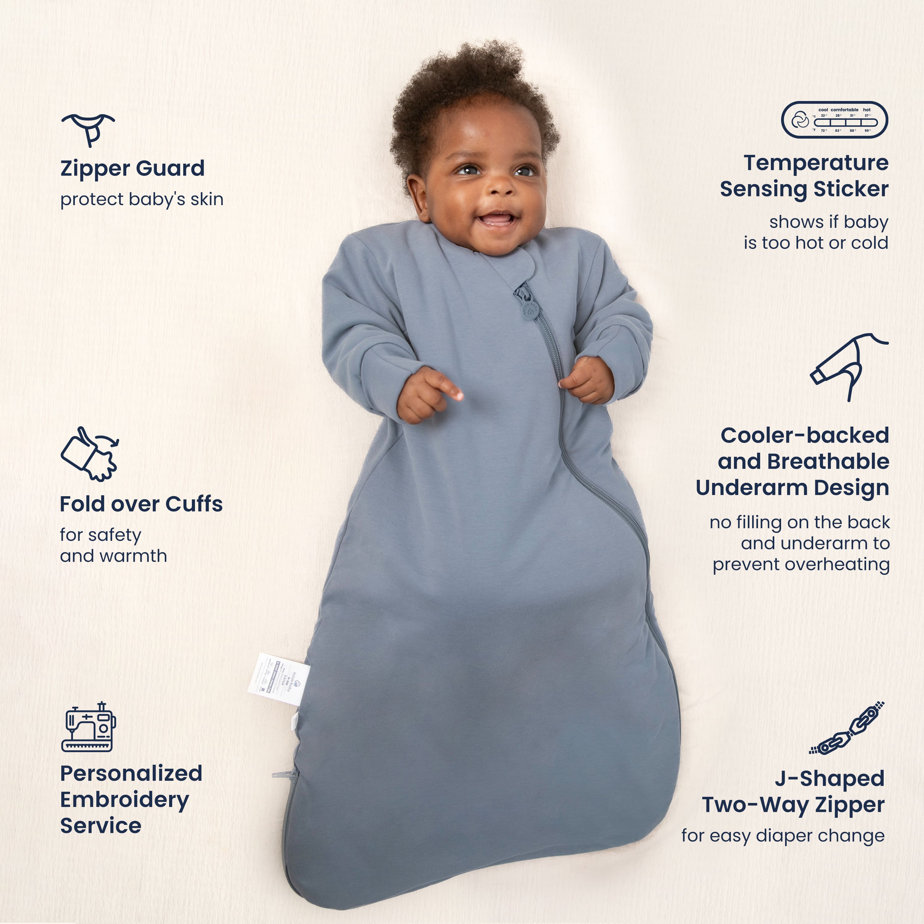 All Season Long Sleeve Sleep Sack 1.0 TOG - Organic Cotton & Camel Wool - Flint Stone - feature