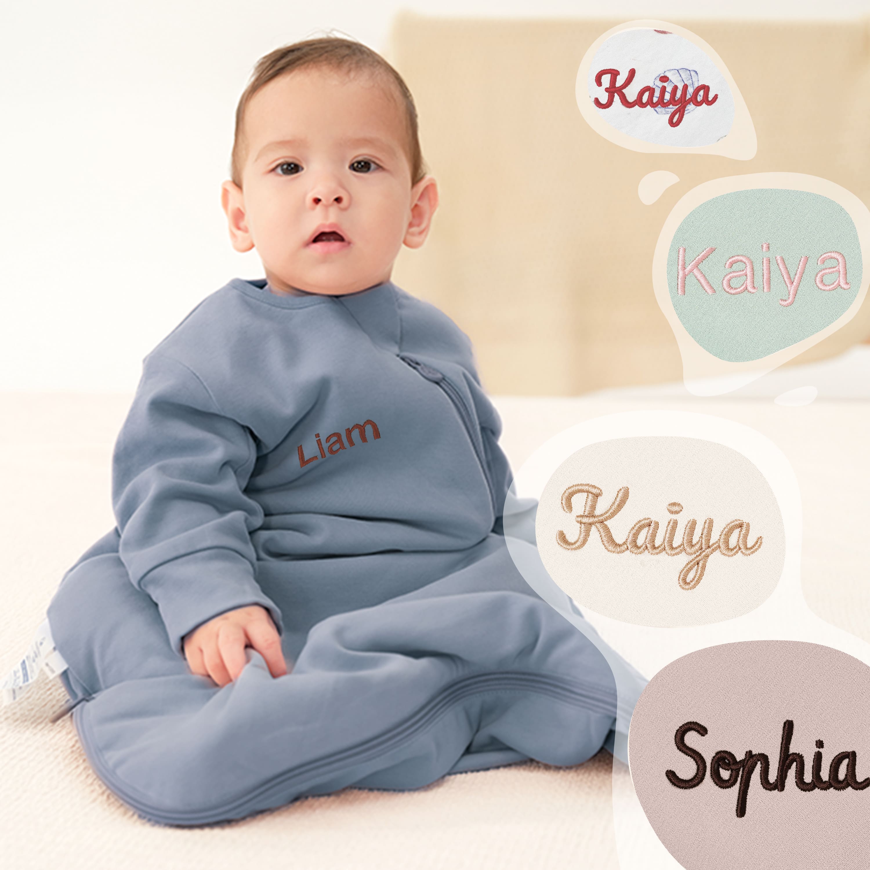 All Season Long Sleeve Sleep Sack 1.0 TOG - Organic Cotton & Camel Wool - Flint Stone - embroidery