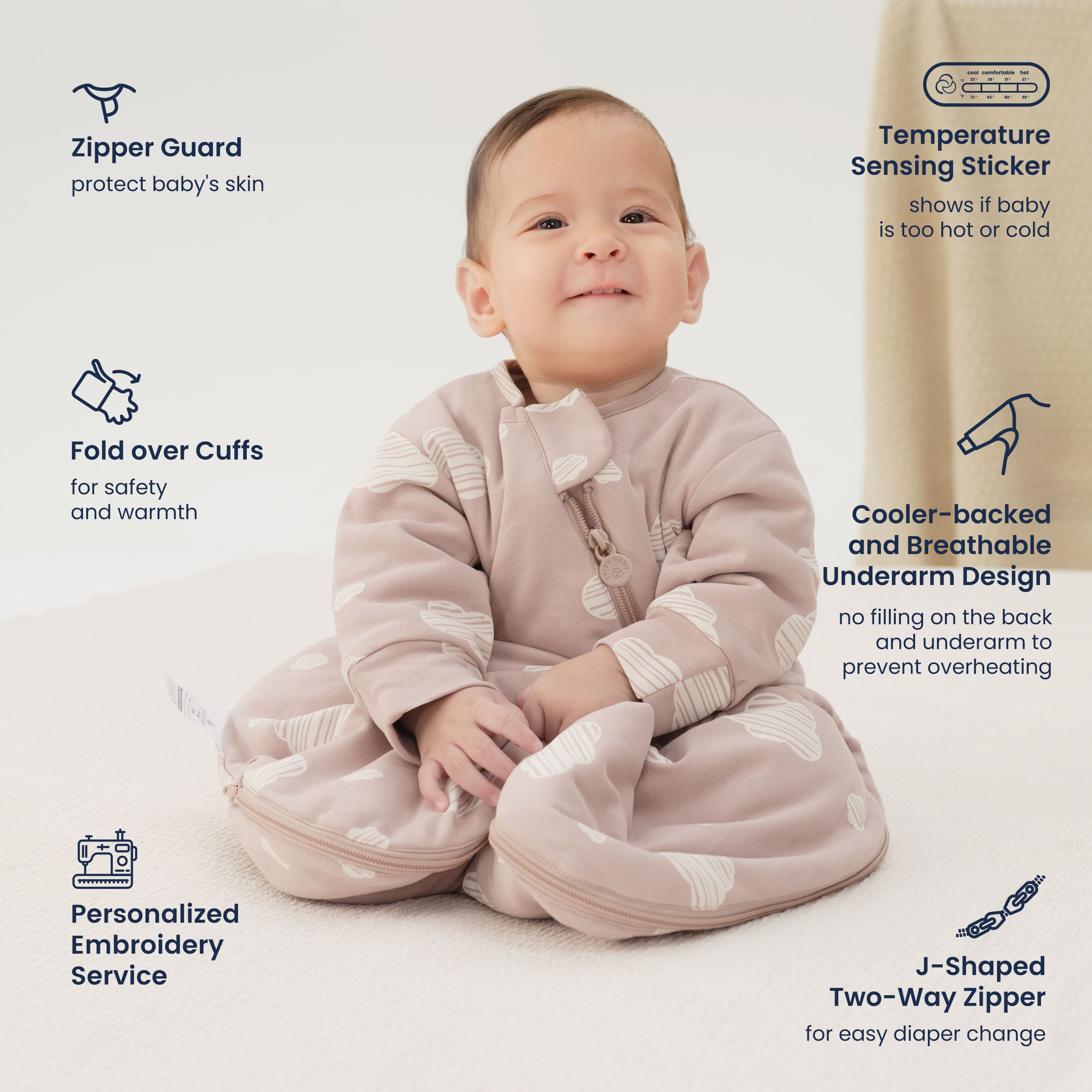 All Season Long Sleeve Sleep Sack 1.0 TOG - Organic Cotton & Camel Wool - Pink Sky - feature