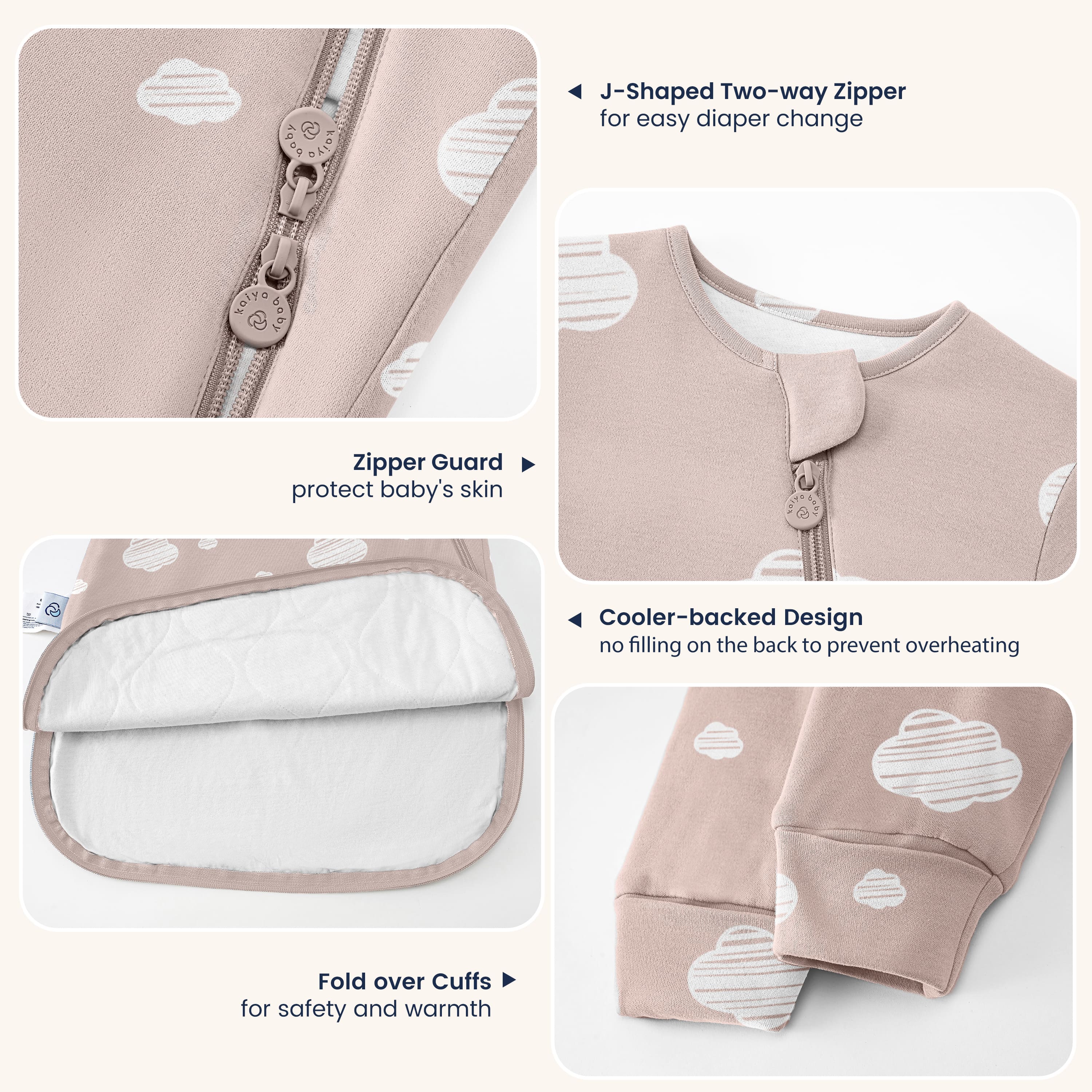 All Season Long Sleeve Sleep Sack 1.0 TOG - Organic Cotton & Camel Wool - Pink Sky - detail
