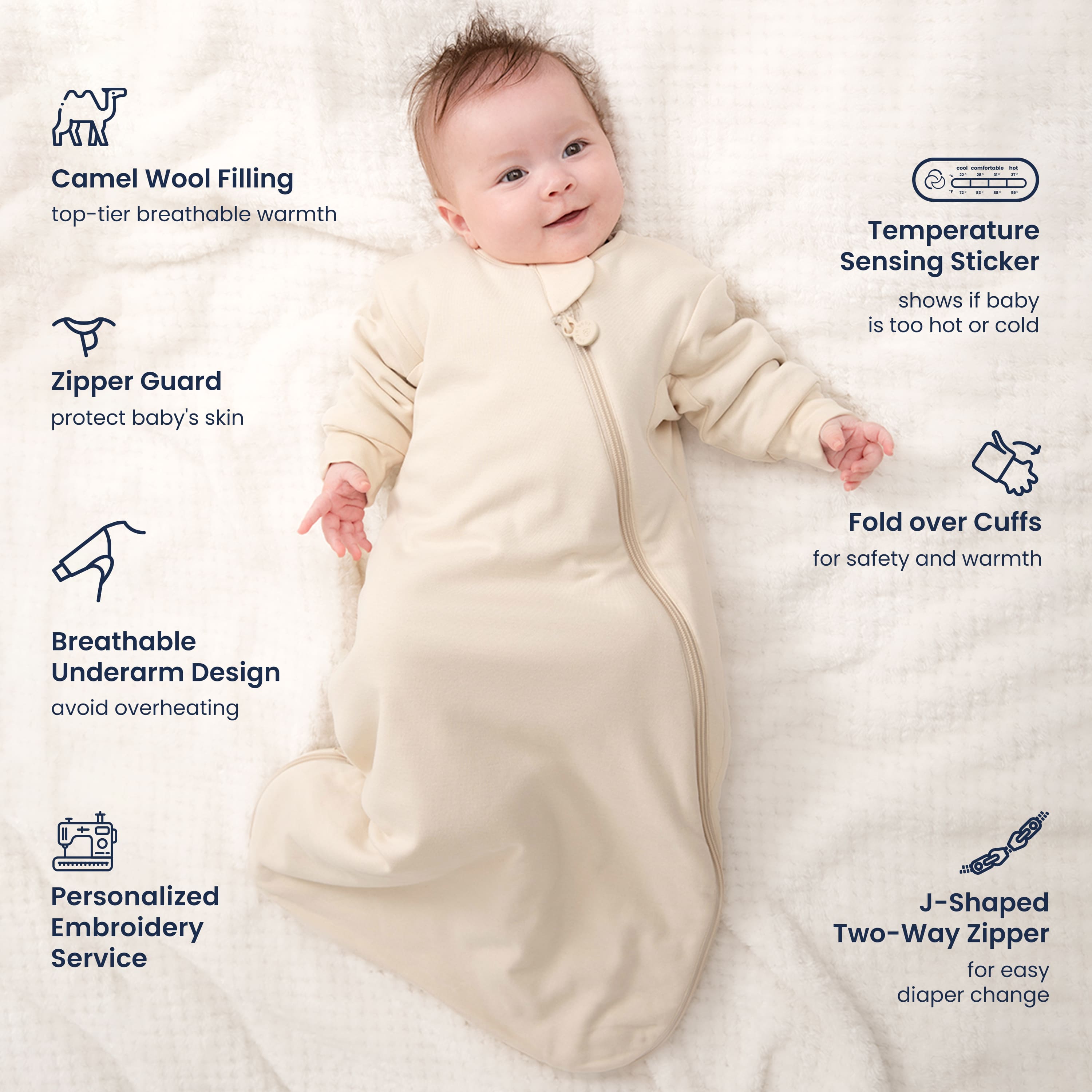 Warm Long Sleeve Sleep Sack 2.5 TOG - Organic Cotton & Camel Wool - Cream