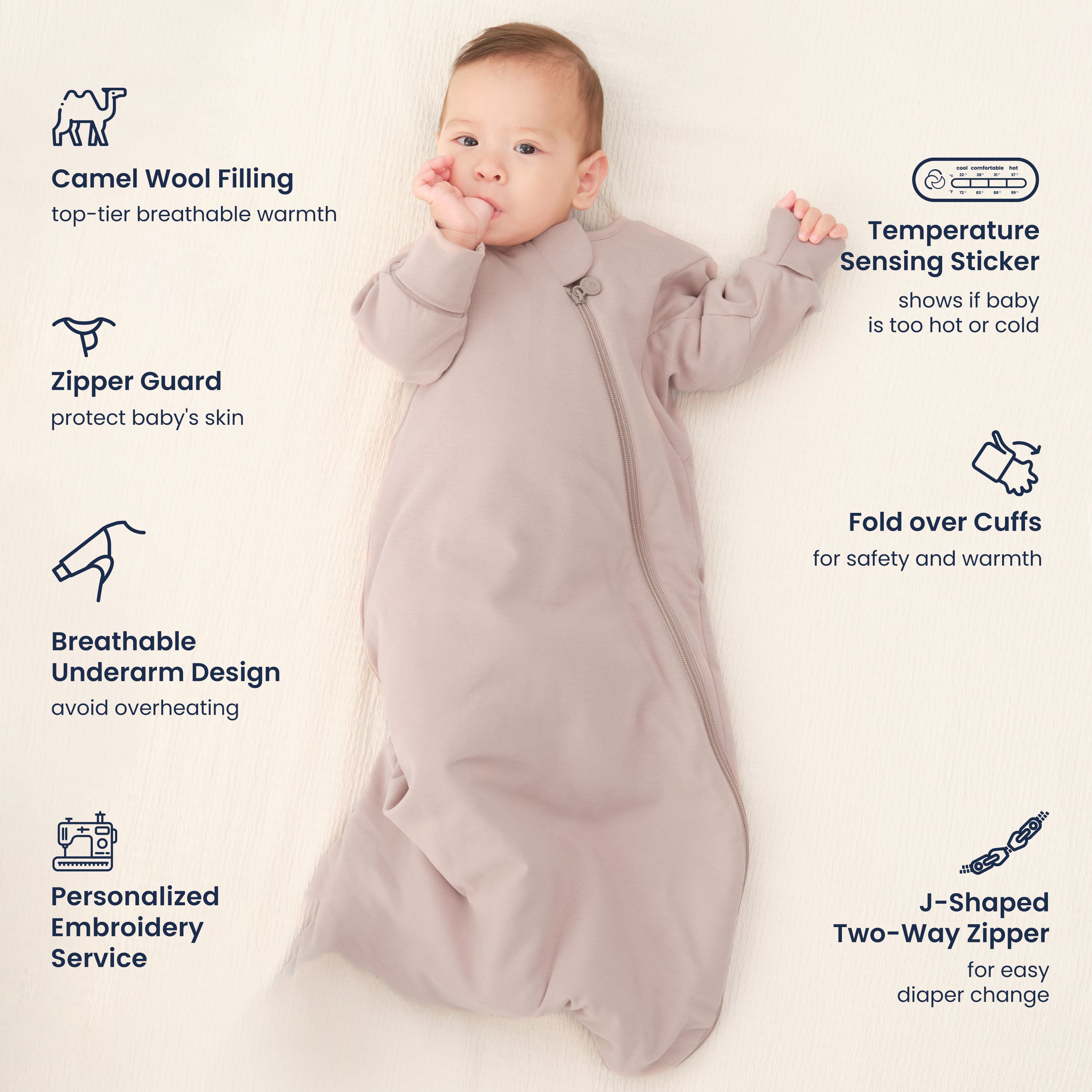 Warm Long Sleeve Sleep Sack 2.5 TOG - Organic Cotton & Camel Wool - Dusty Pink