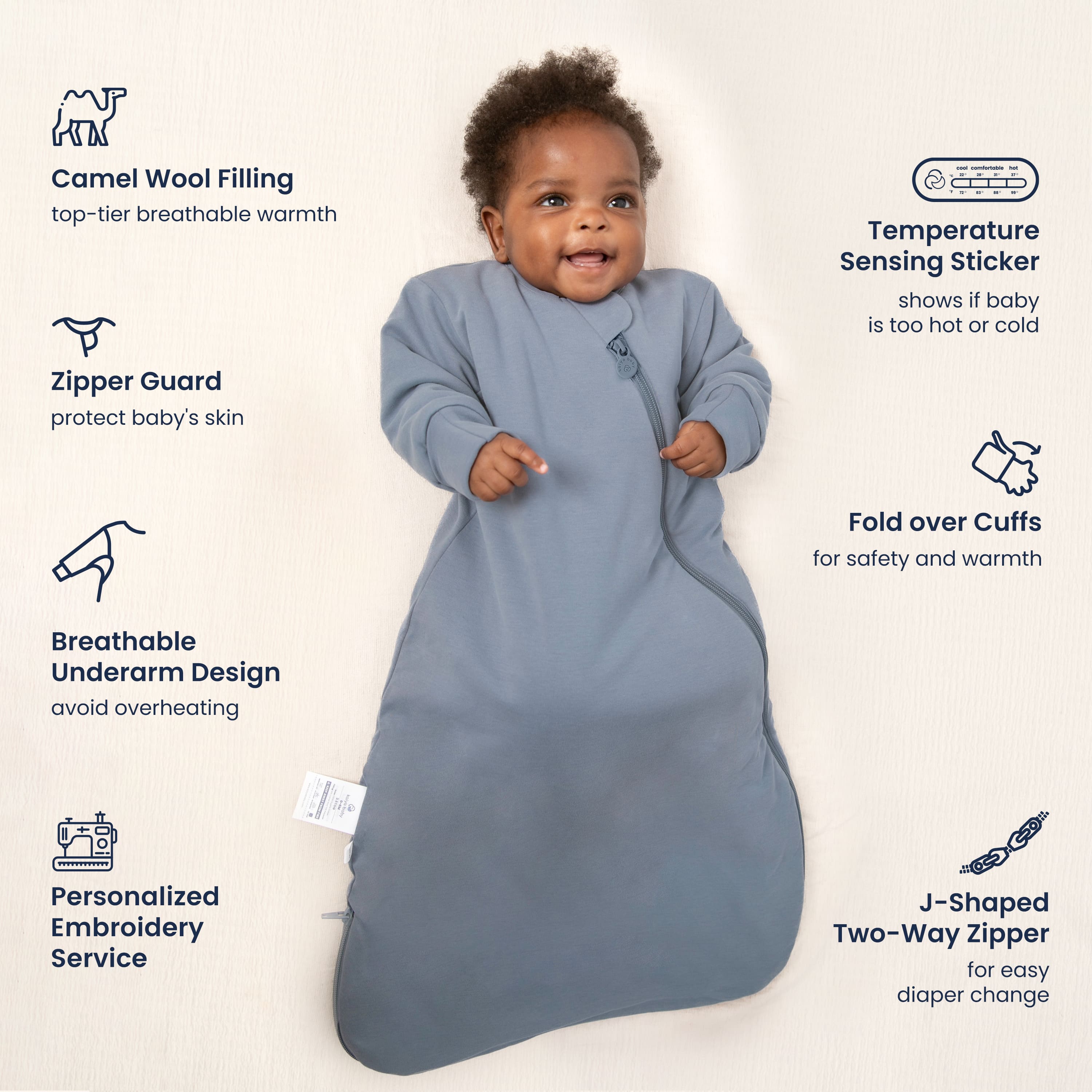 Warm Long Sleeve Sleep Sack 2.5 TOG - Organic Cotton & Camel Wool - Flint Stone