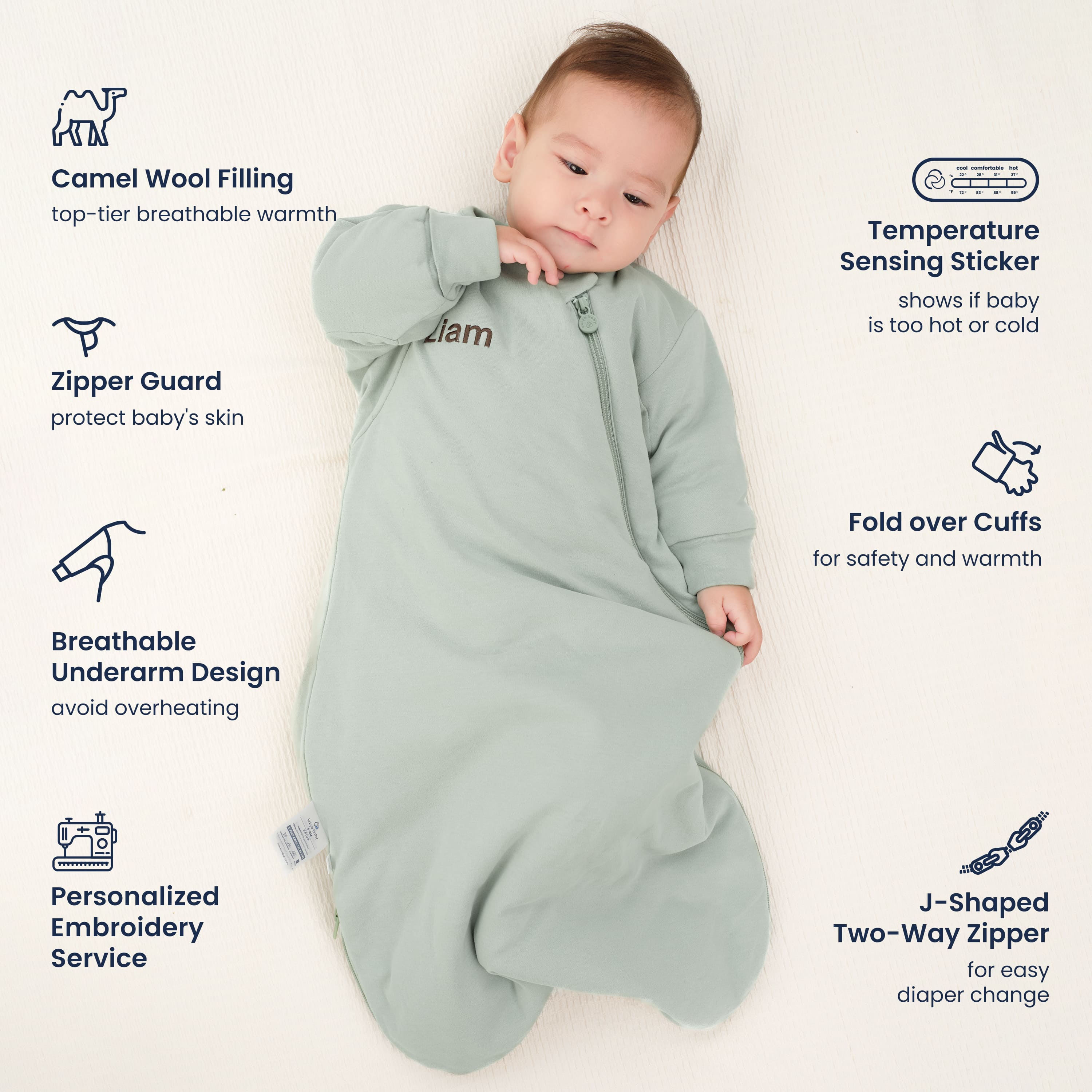 Warm Long Sleeve Sleep Sack 2.5 TOG - Organic Cotton & Camel Wool - Pea Green