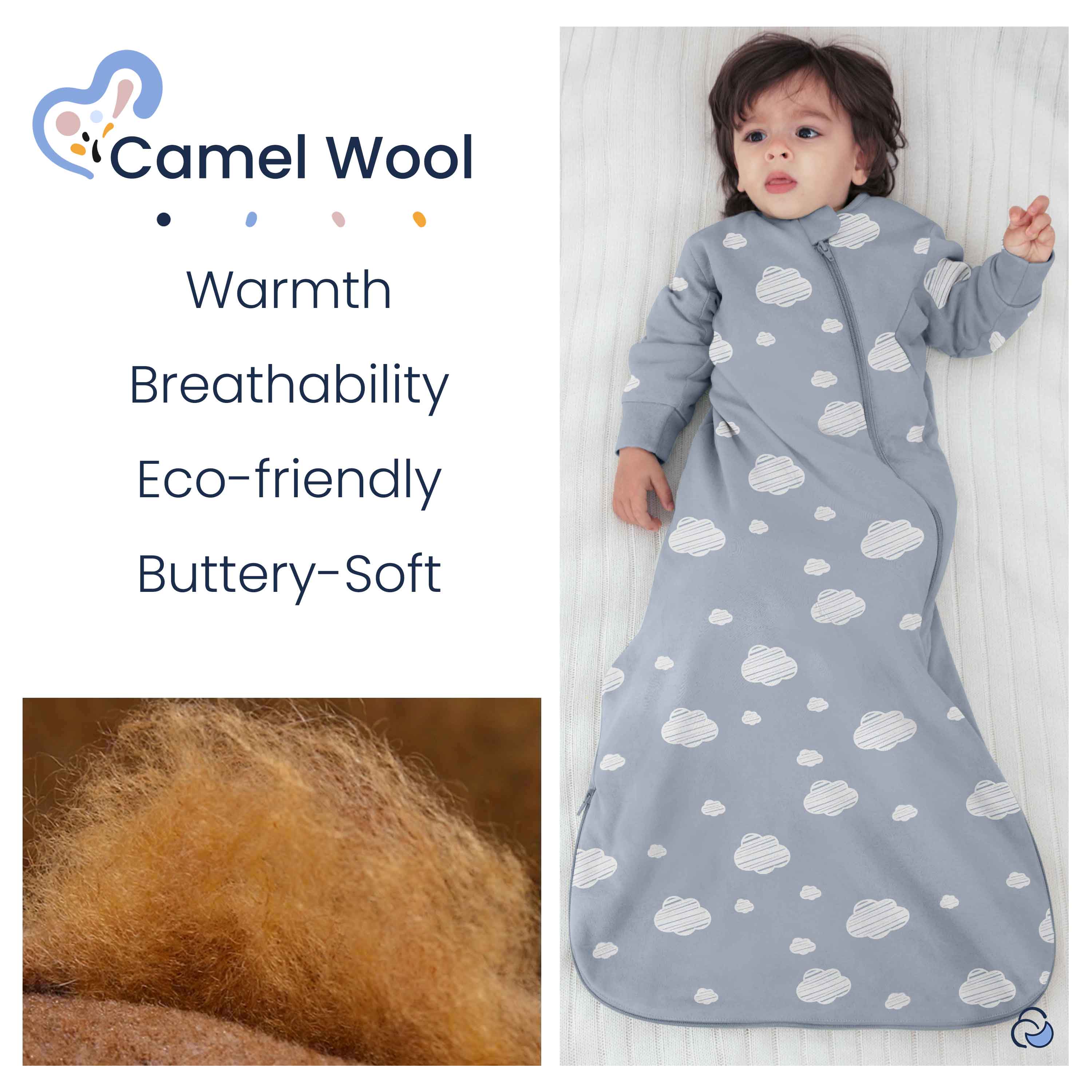 Organic Cotton & Camel Wool Winter Sleeping Bag With Arms 3.5 TOG - Blue Sky