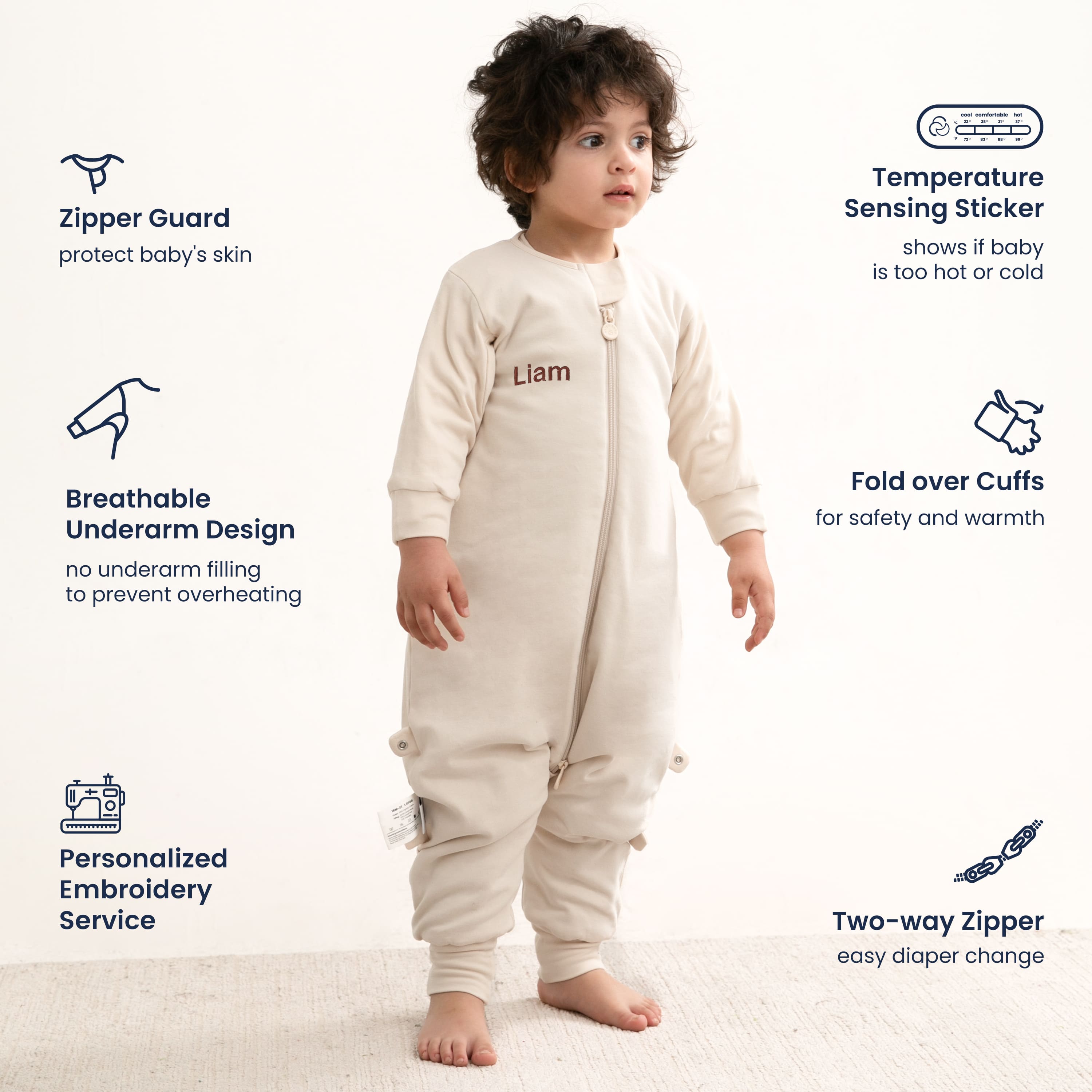 All Season Long Sleeve Sleep Sack Walker 1.0 TOG - Organic Cotton & Camel Wool - Cream - feature
