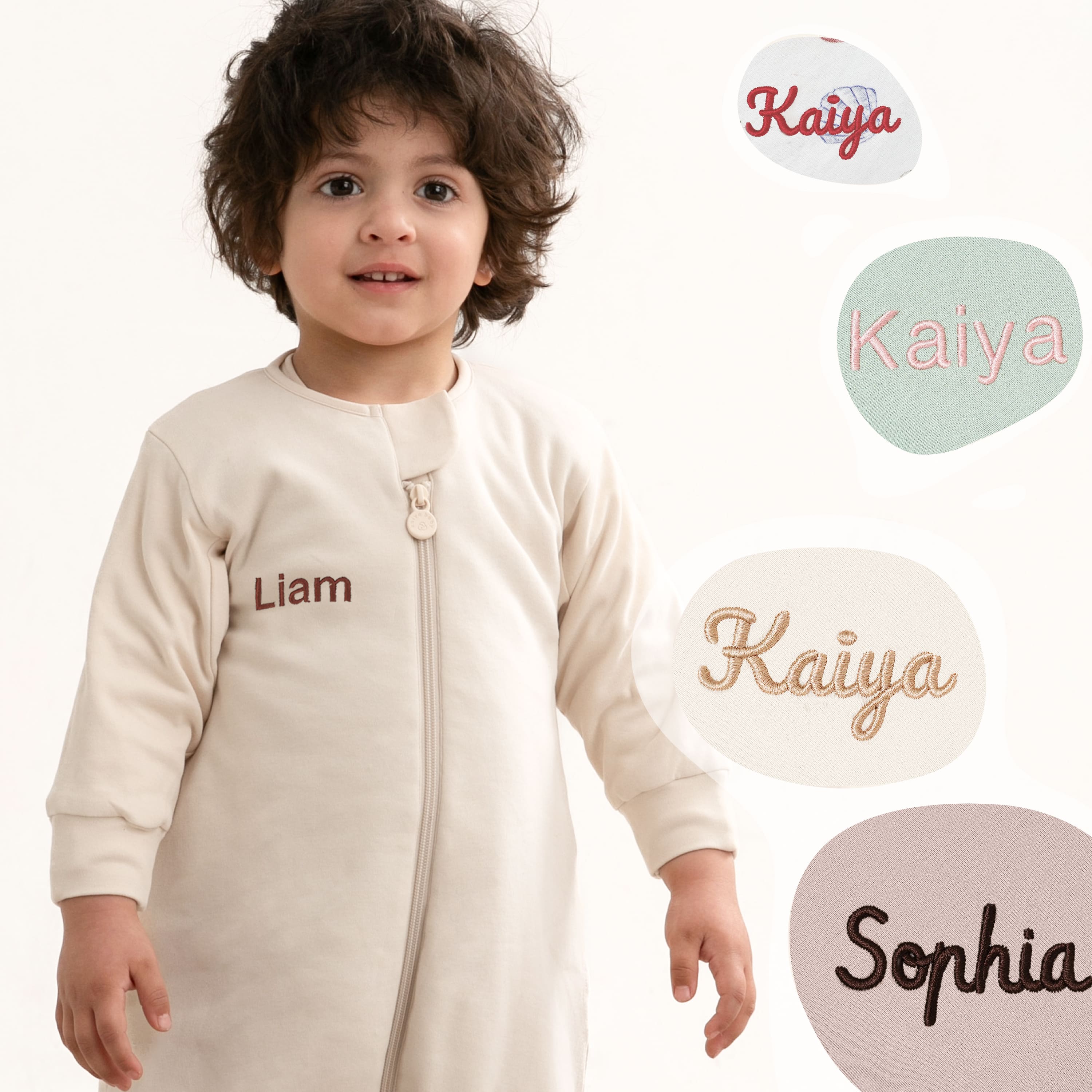 All Season Long Sleeve Sleep Sack Walker 1.0 TOG - Organic Cotton & Camel Wool - Cream - embroidery