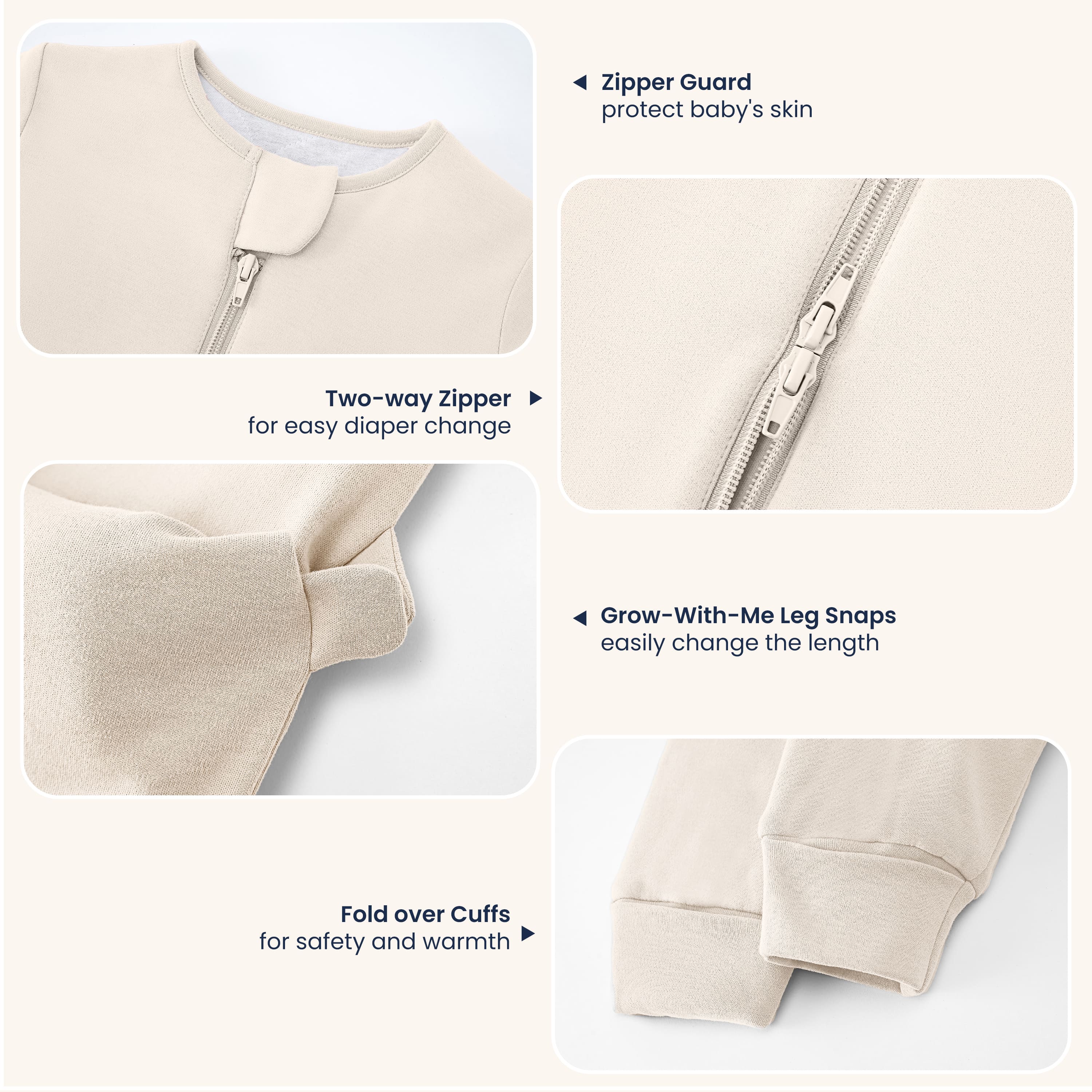 All Season Long Sleeve Sleep Sack Walker 1.0 TOG - Organic Cotton & Camel Wool - Cream - detail