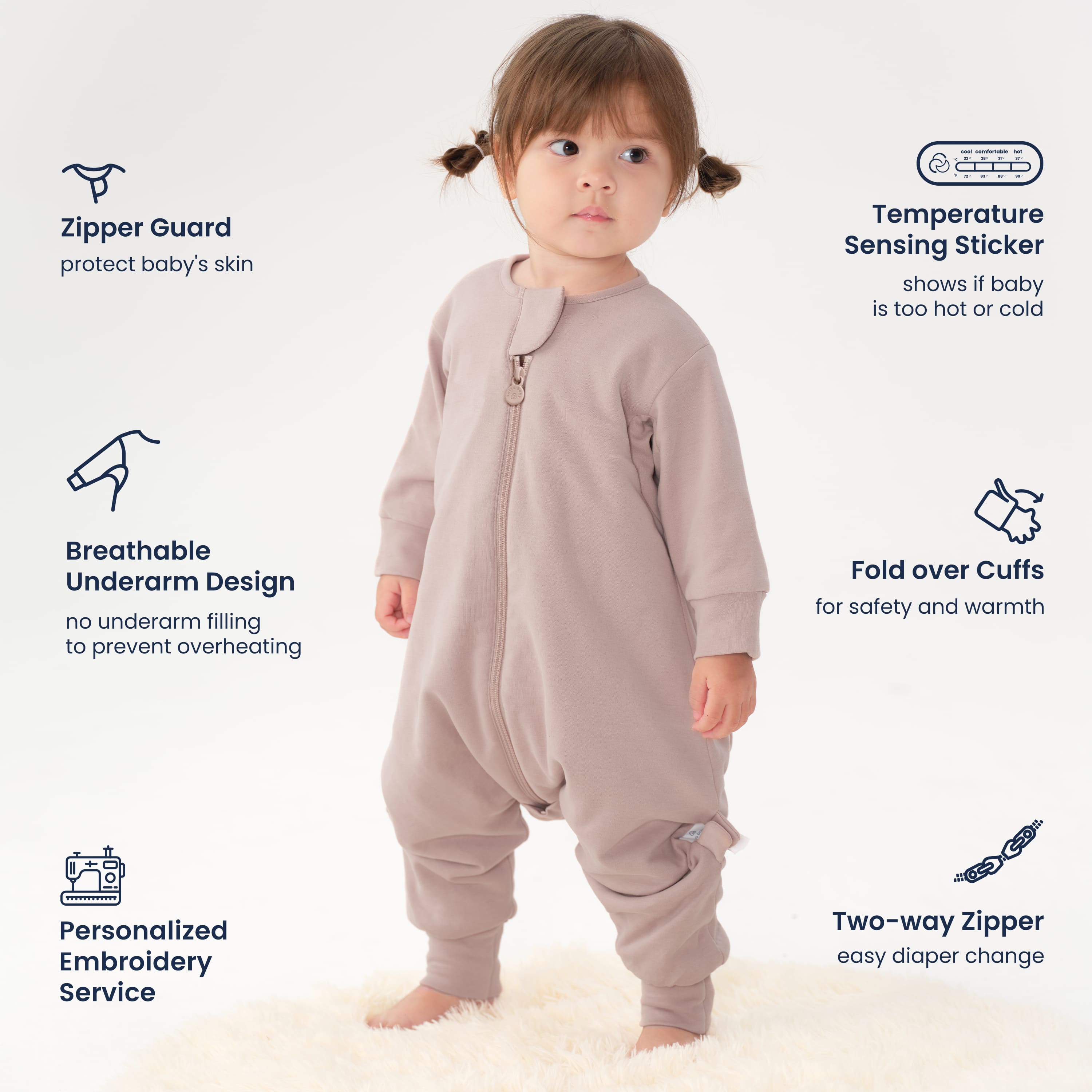 All Season Long Sleeve Sleep Sack Walker 1.0 TOG - Organic Cotton & Camel Wool - Dusty Pink - feature