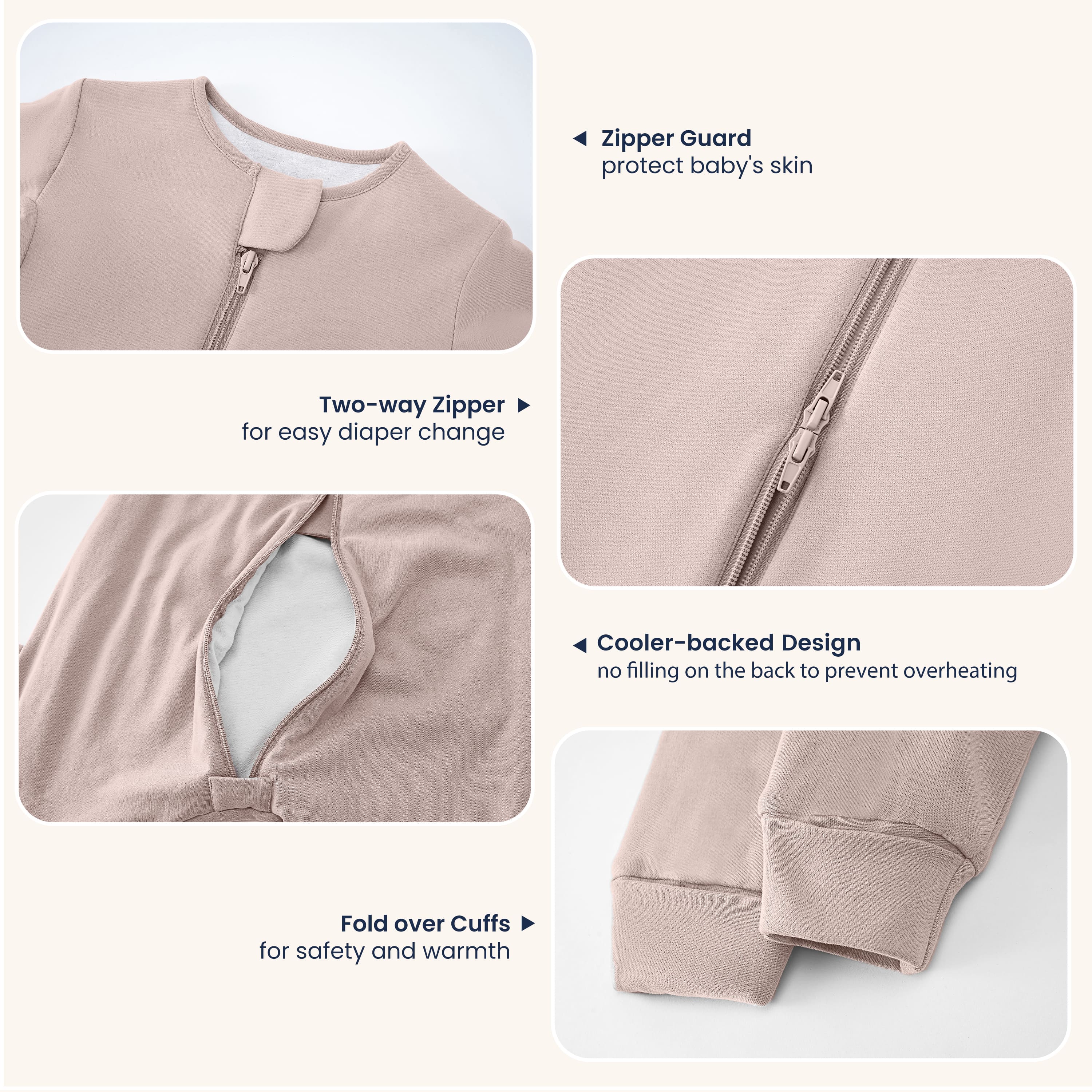 All Season Long Sleeve Sleep Sack Walker 1.0 TOG - Organic Cotton & Camel Wool - Dusty Pink - detail