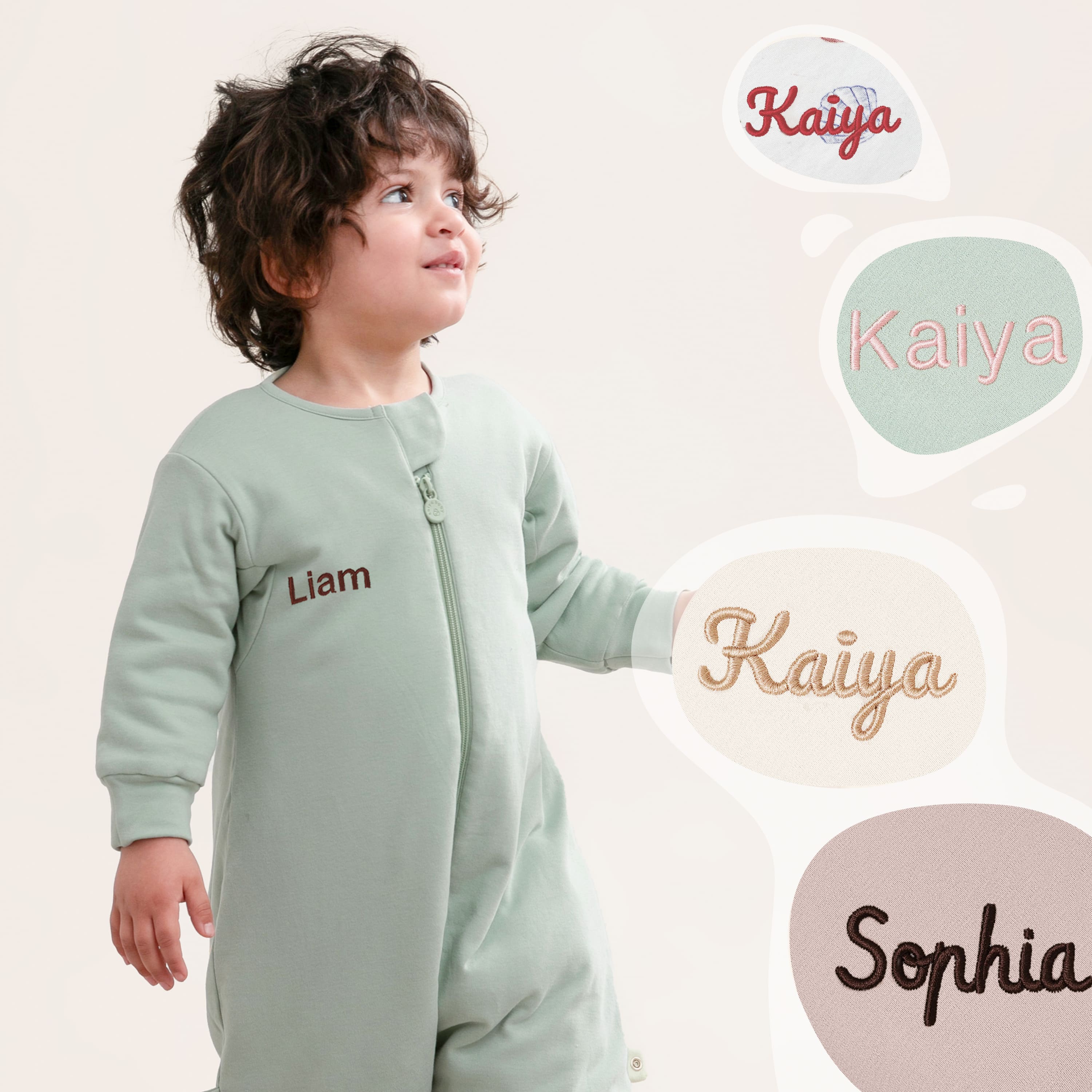All Season Long Sleeve Sleep Sack Walker 1.0 TOG - Organic Cotton & Camel Wool - Pea Green - embroidery