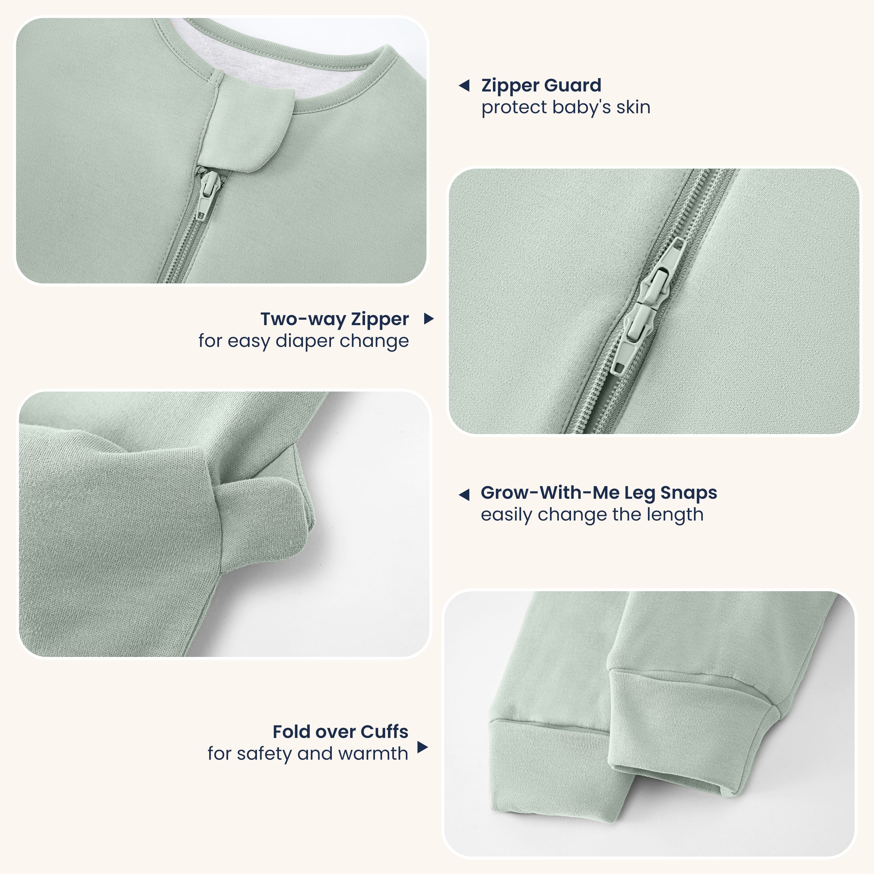 All Season Long Sleeve Sleep Sack Walker 1.0 TOG - Organic Cotton & Camel Wool - Pea Green - detail