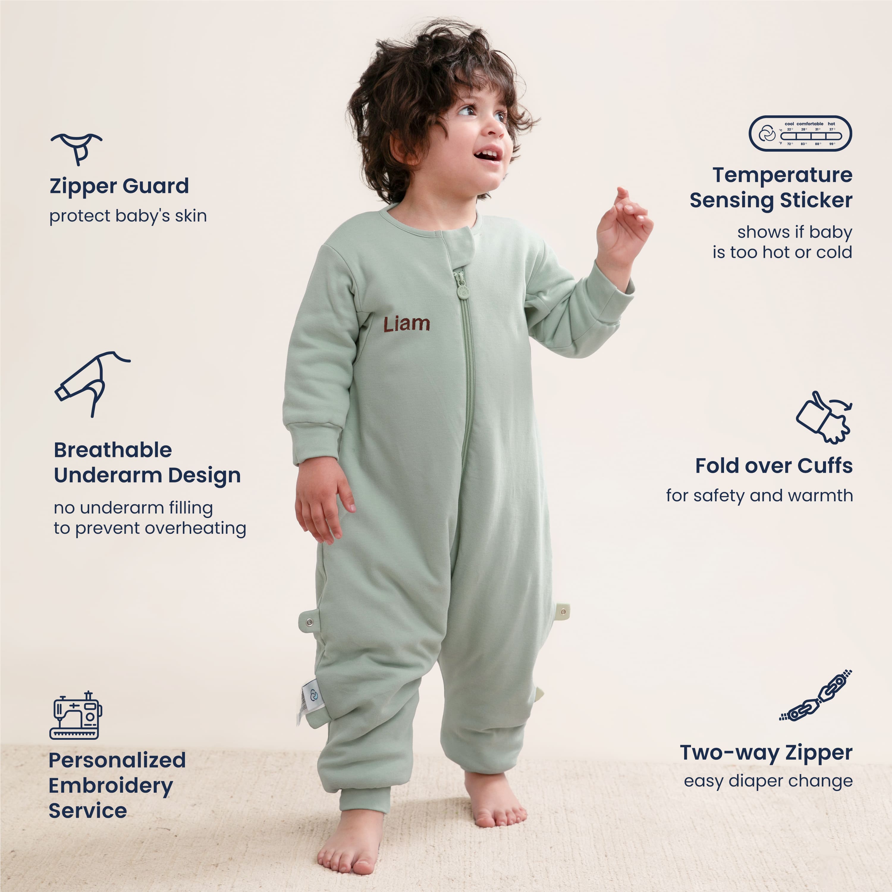 All Season Long Sleeve Sleep Sack Walker 1.0 TOG - Organic Cotton & Camel Wool - Pea Green - feature