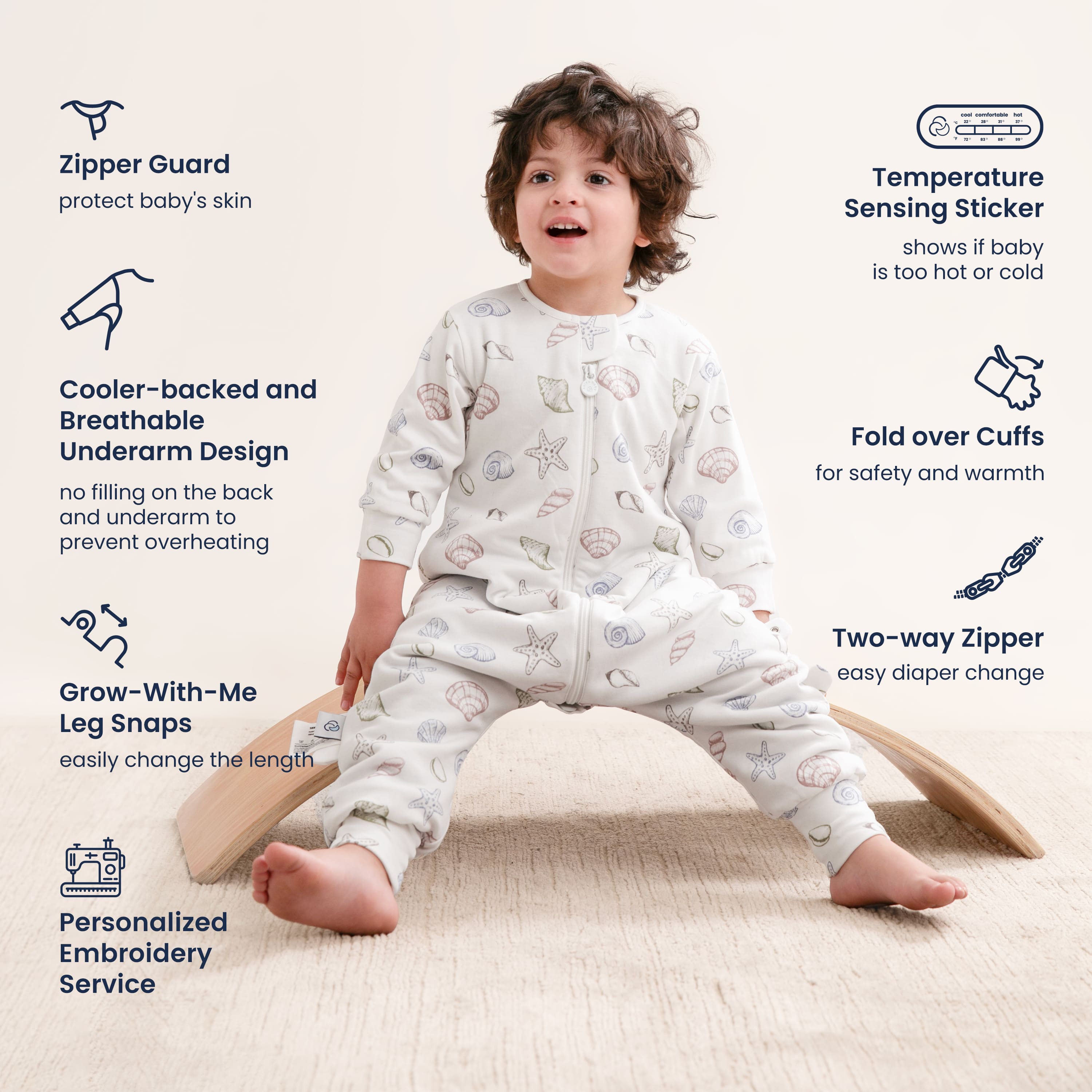 All Season Long Sleeve Sleep Sack Walker 1.0 TOG - Organic Cotton & Camel Wool - Shell - feature