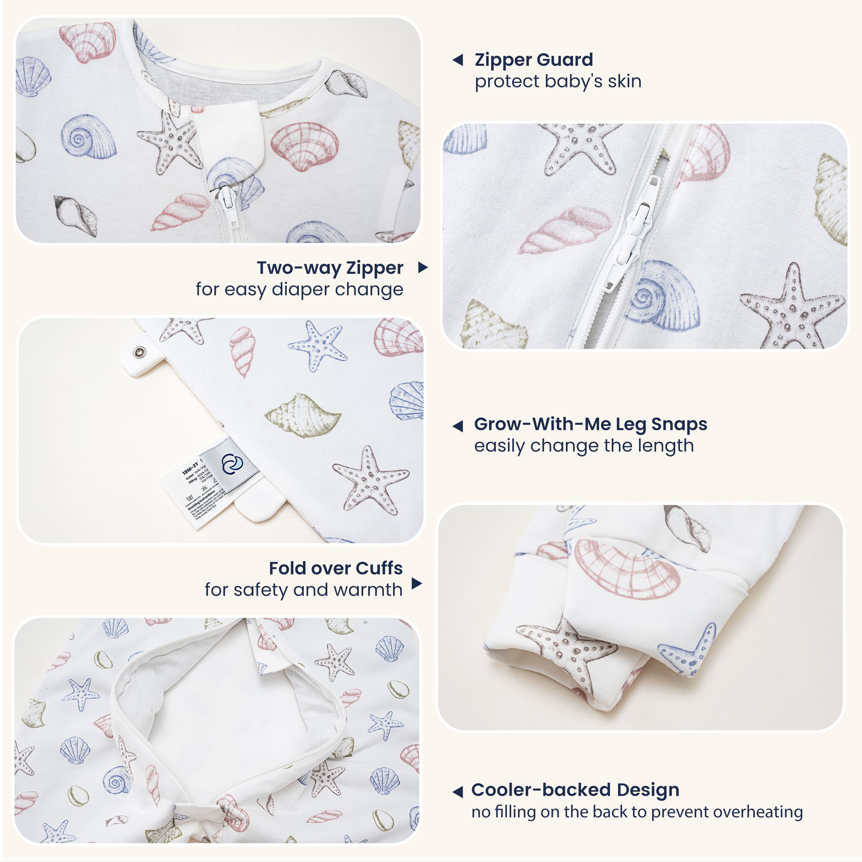 All Season Long Sleeve Sleep Sack Walker 1.0 TOG - Organic Cotton & Camel Wool - Shell - detail