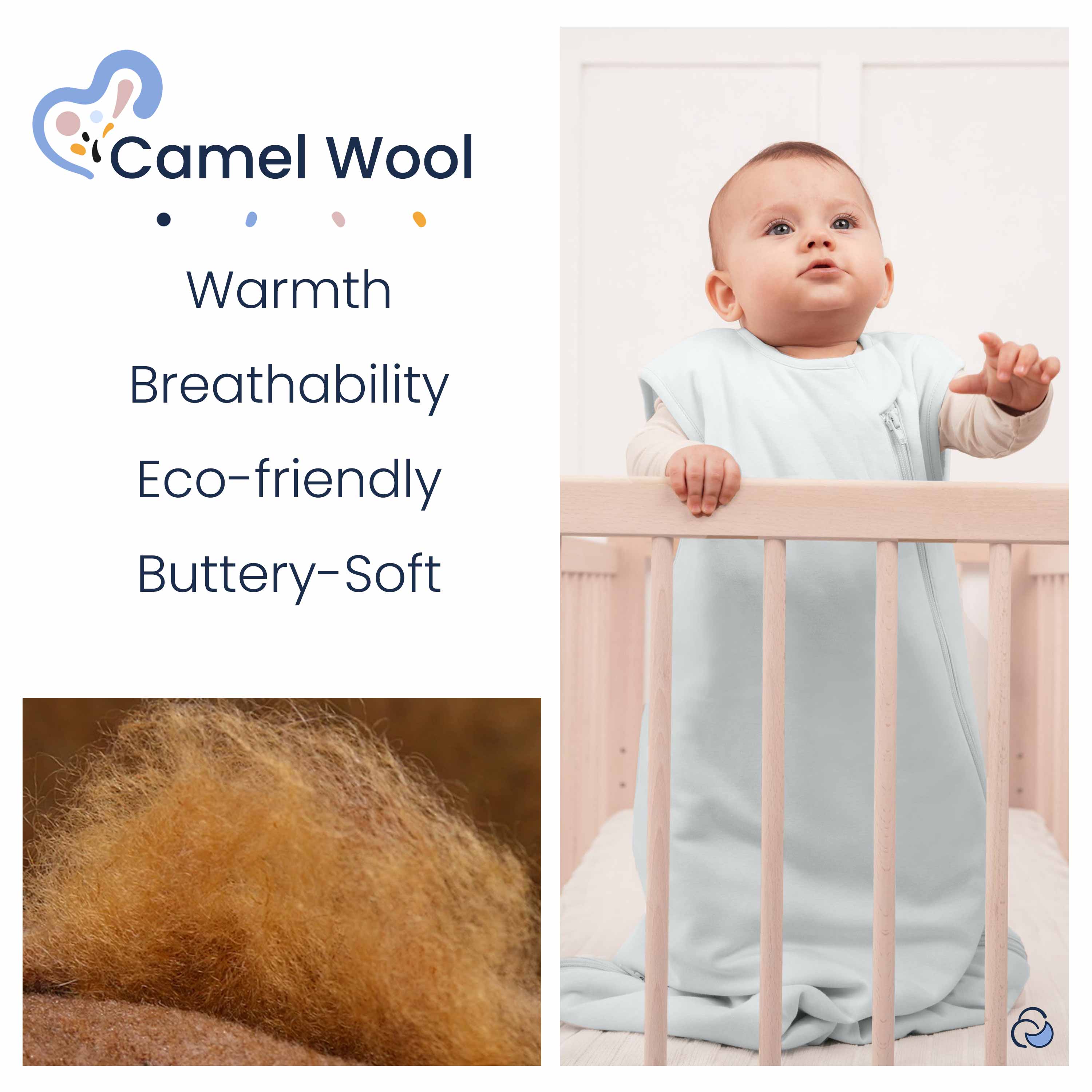 Organic Cotton & Camel Wool Sleeveless Sleep Sack 1.0 TOG - Baby Blue
