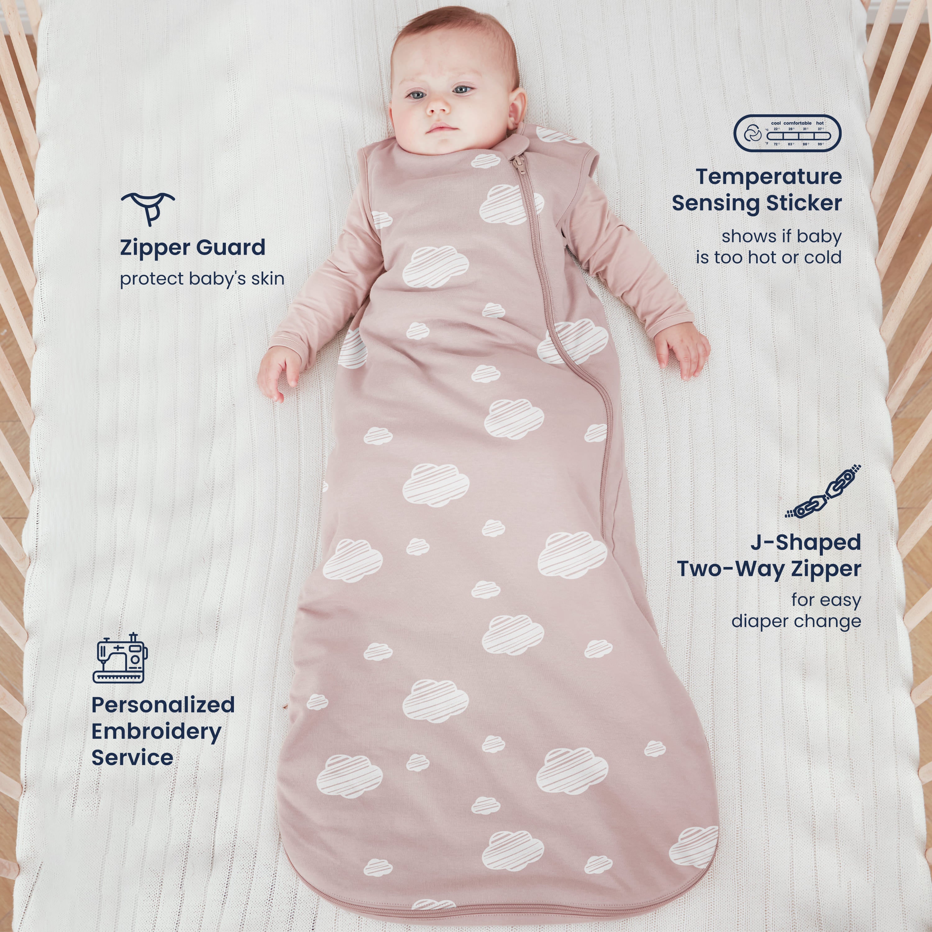 All Season Sleeveless Sleep Sack 1.0 TOG - Organic Cotton & Camel Wool - Pink Sky Feature