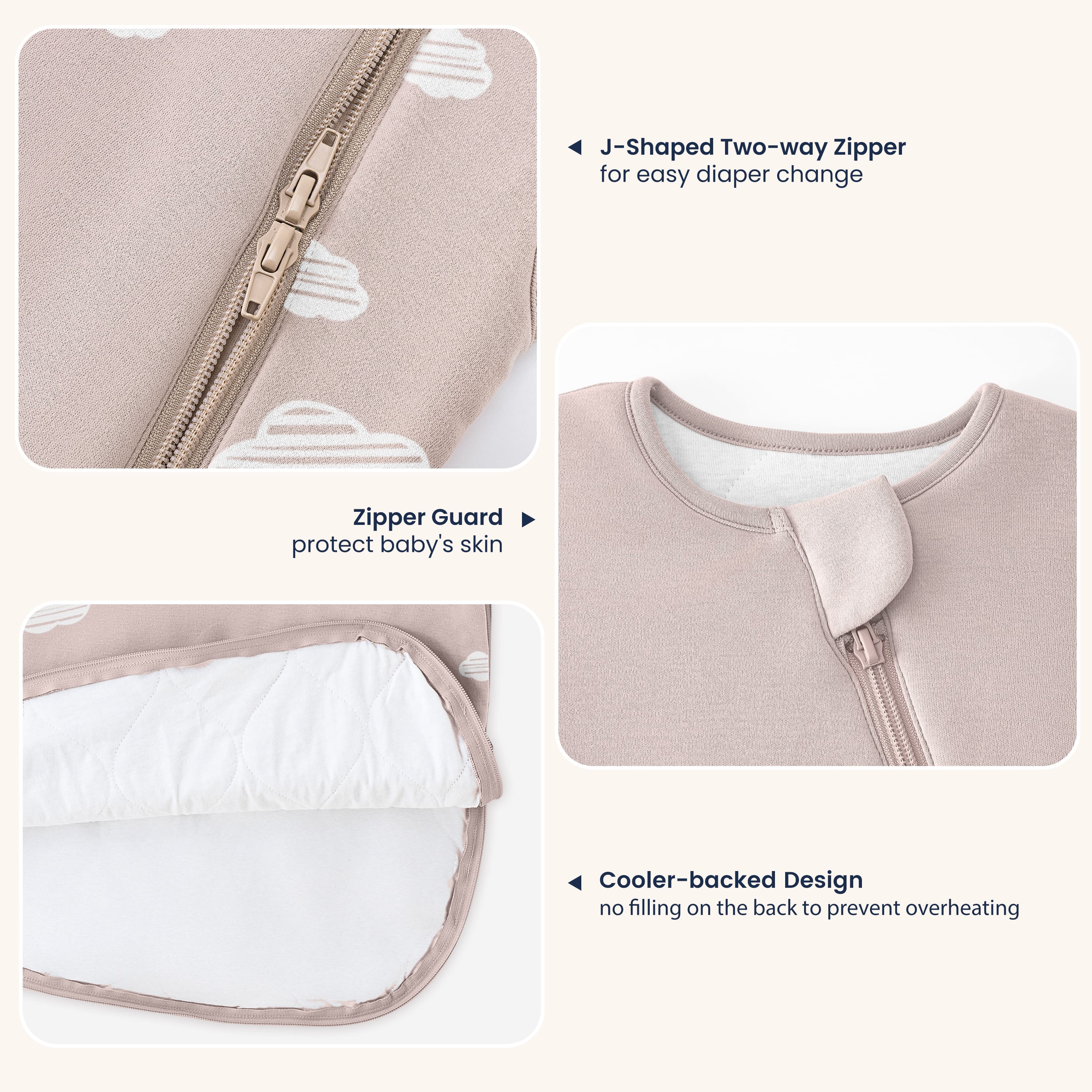 All Season Sleeveless Sleep Sack 1.0 TOG - Organic Cotton & Camel Wool - Pink Sky Detail