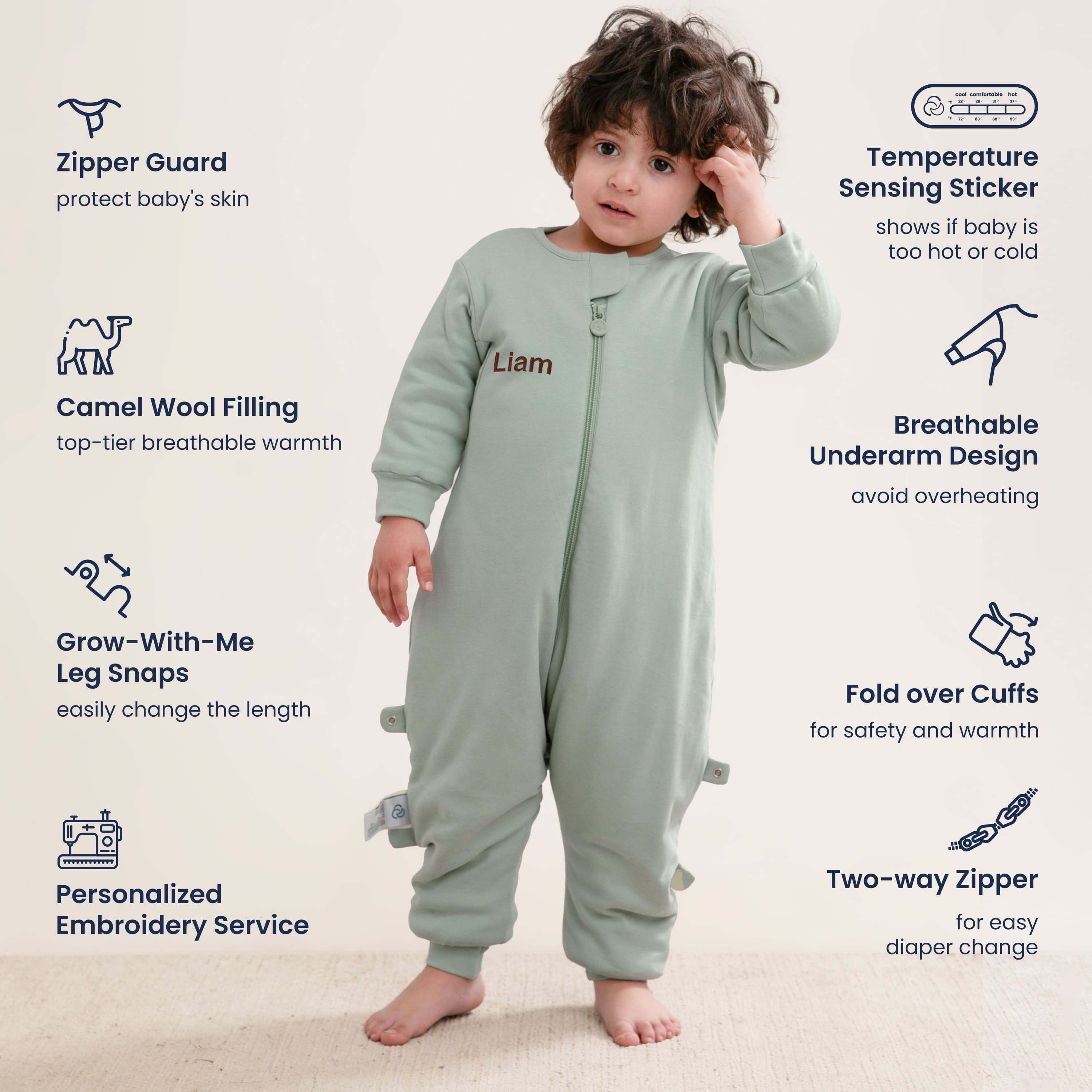 Warm Long Sleeve Sleep Sack Walker 2.5 TOG - Organic Cotton & Camel Wool - Pea Green - feature
