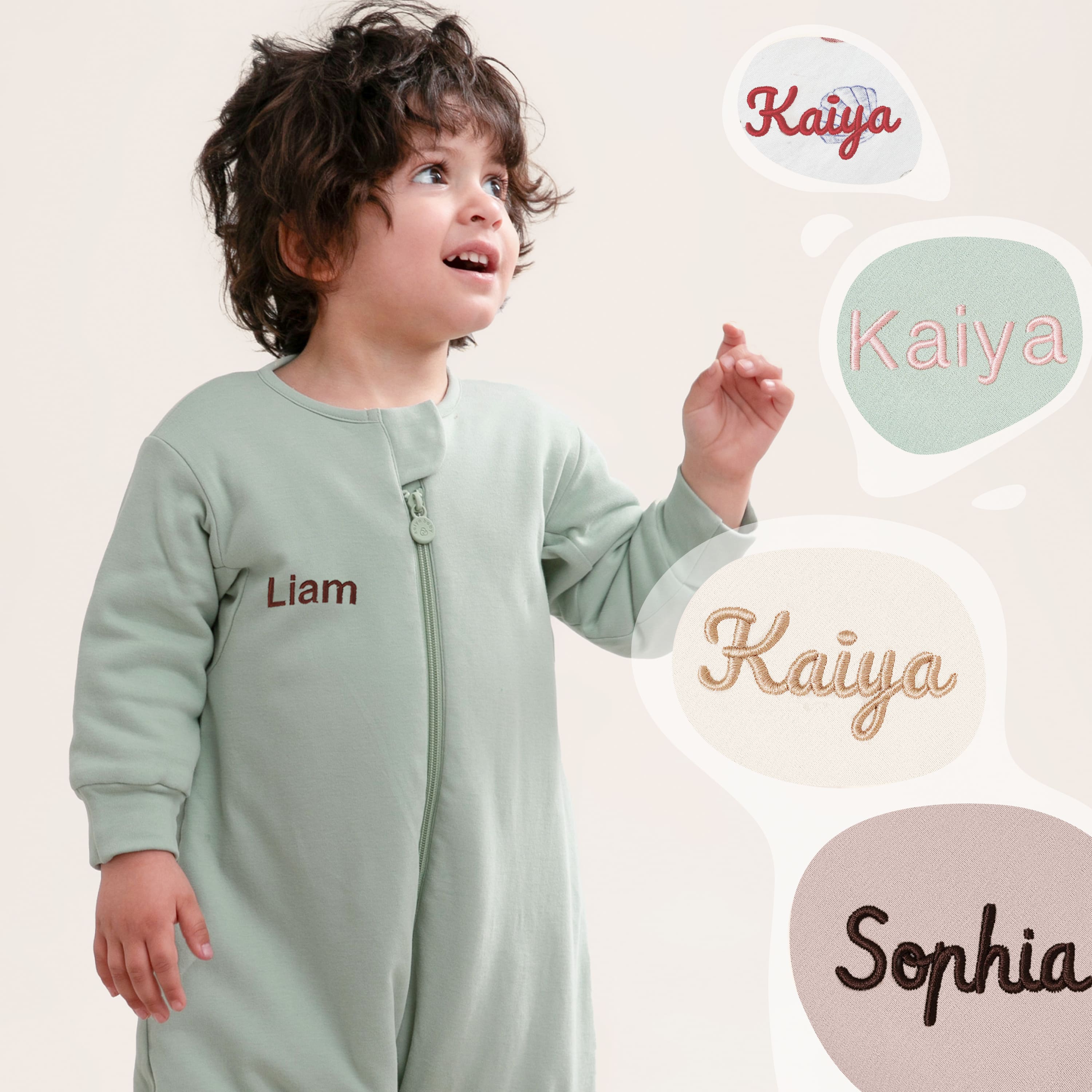 Warm Long Sleeve Sleep Sack Walker 2.5 TOG - Organic Cotton & Camel Wool - Pea Green - embroidery