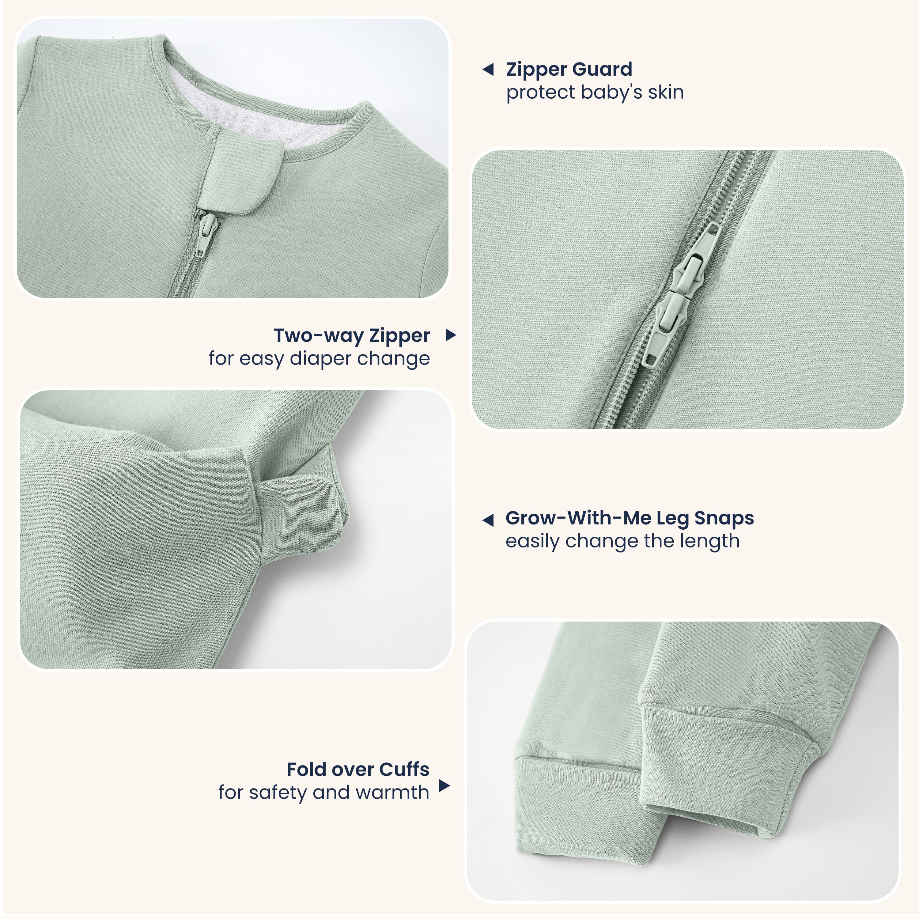 Warm Long Sleeve Sleep Sack Walker 2.5 TOG - Organic Cotton & Camel Wool - Pea Green - detail