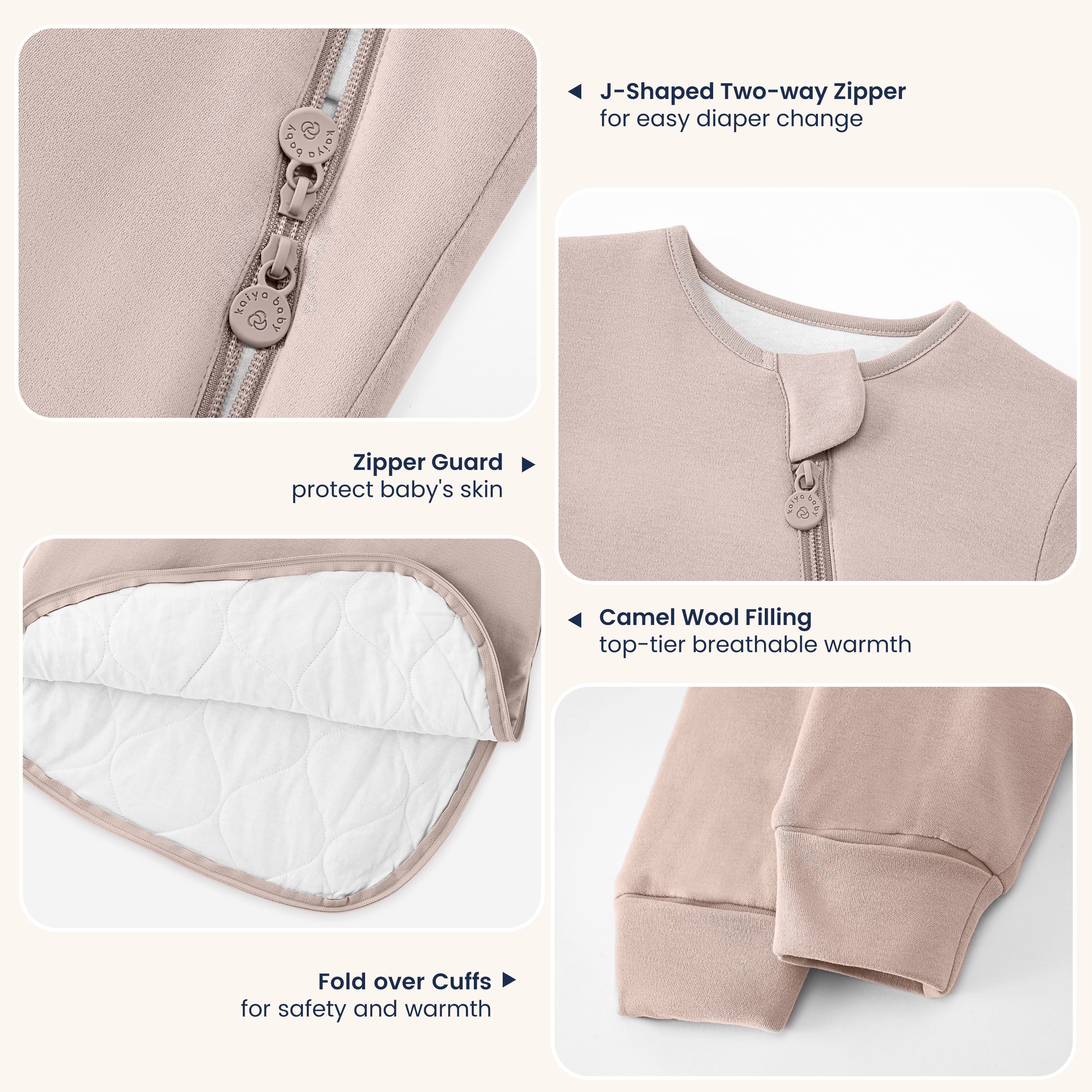 Winter Long Sleeve Sleep Sack 3.5 TOG - Organic Cotton & Camel Wool - Dusty Pink - detail